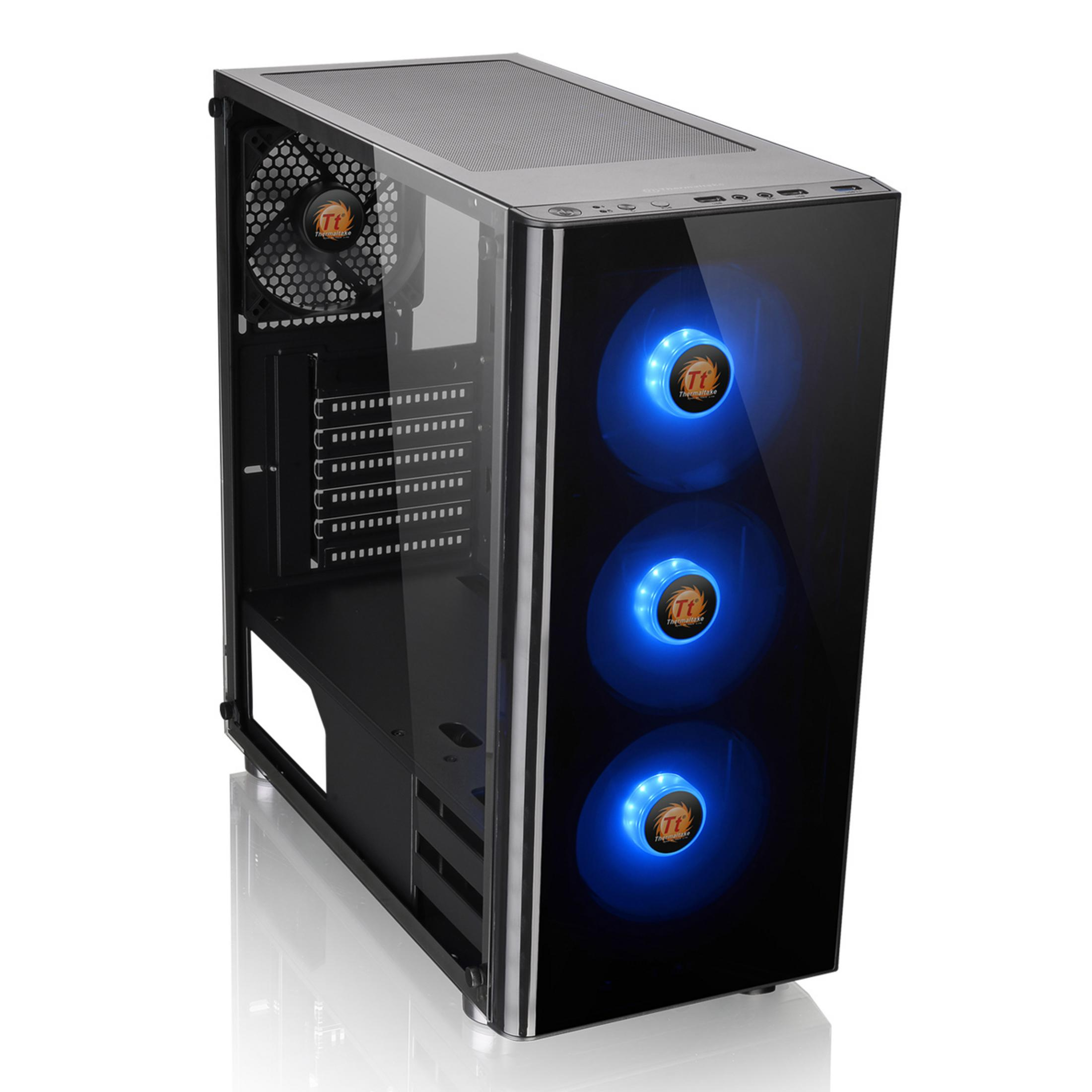 Case del computer nero con lato in vetro, tre ventole blu luminose sul davanti.