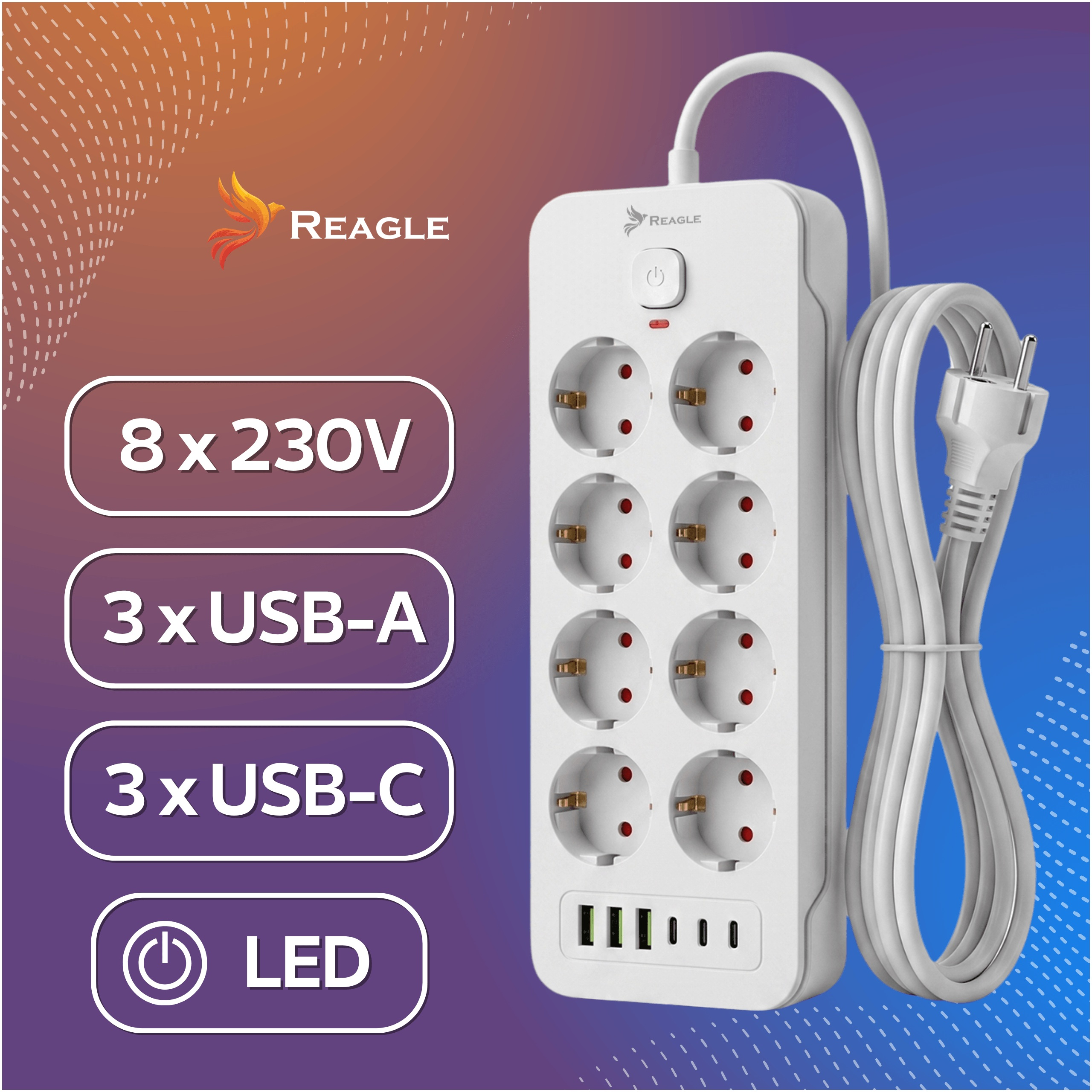 Biała listwa zasilająca z 8 gniazdami, 3 USB-A, 3 USB-C, LED i kablem.
