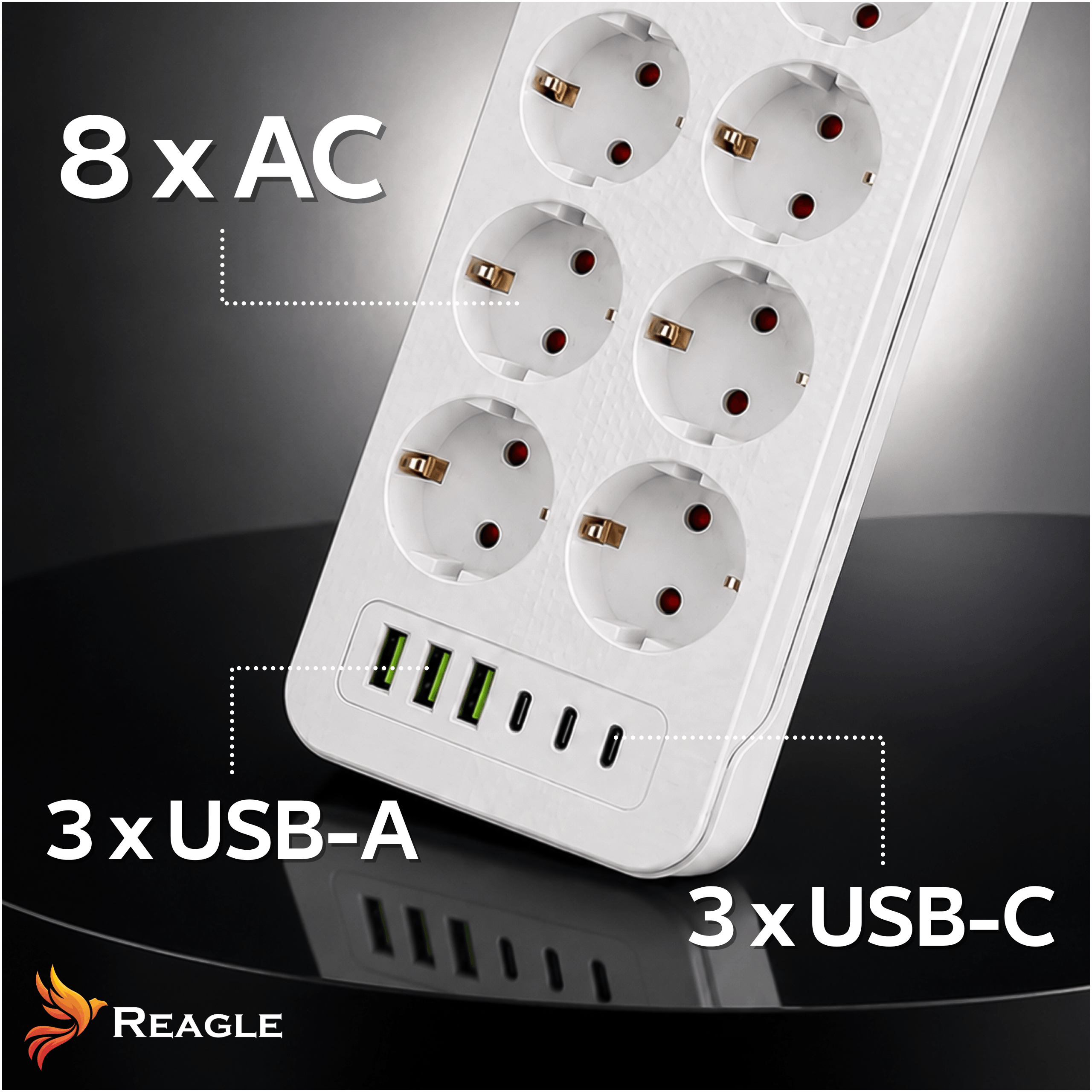 Biała listwa zasilająca z 8 gniazdami AC, 3 USB-A i 3 USB-C.