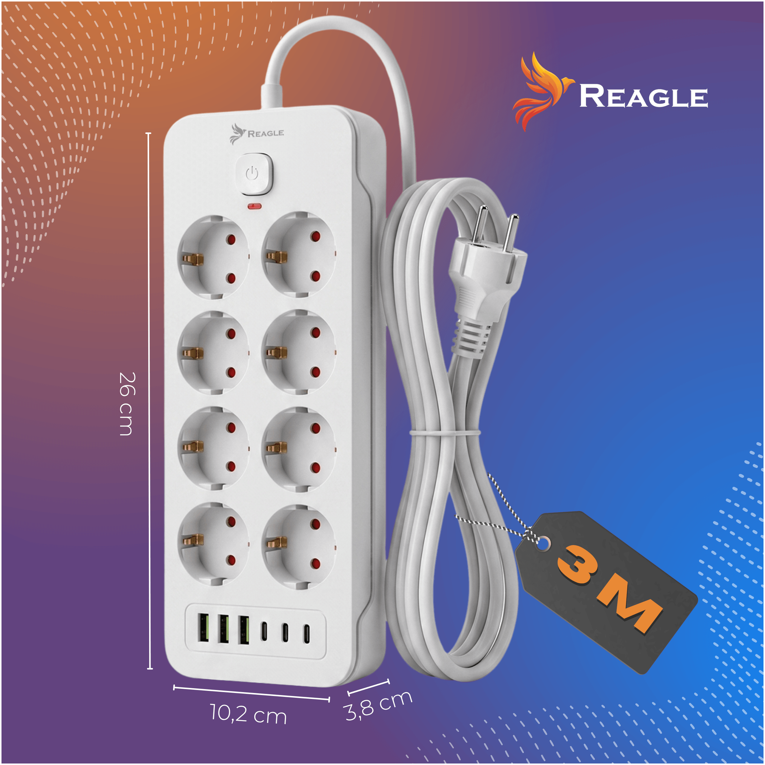 Biała listwa zasilająca z 8 gniazdami i 3 portami USB.