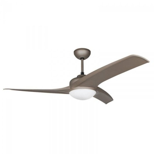 Un moderno ventilatore da soffitto con tre pale marroni e un lampada rotonda.
