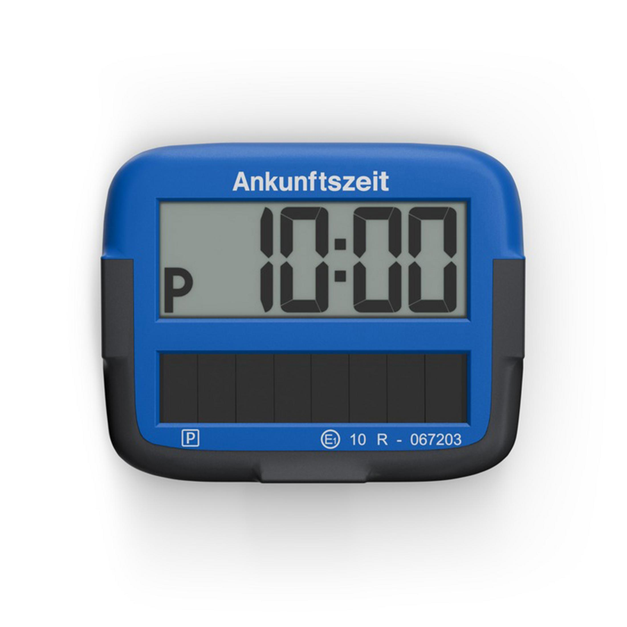 Blauer Parkzeitzähler mit digitaler Anzeige 10:00 und Parksymbol.