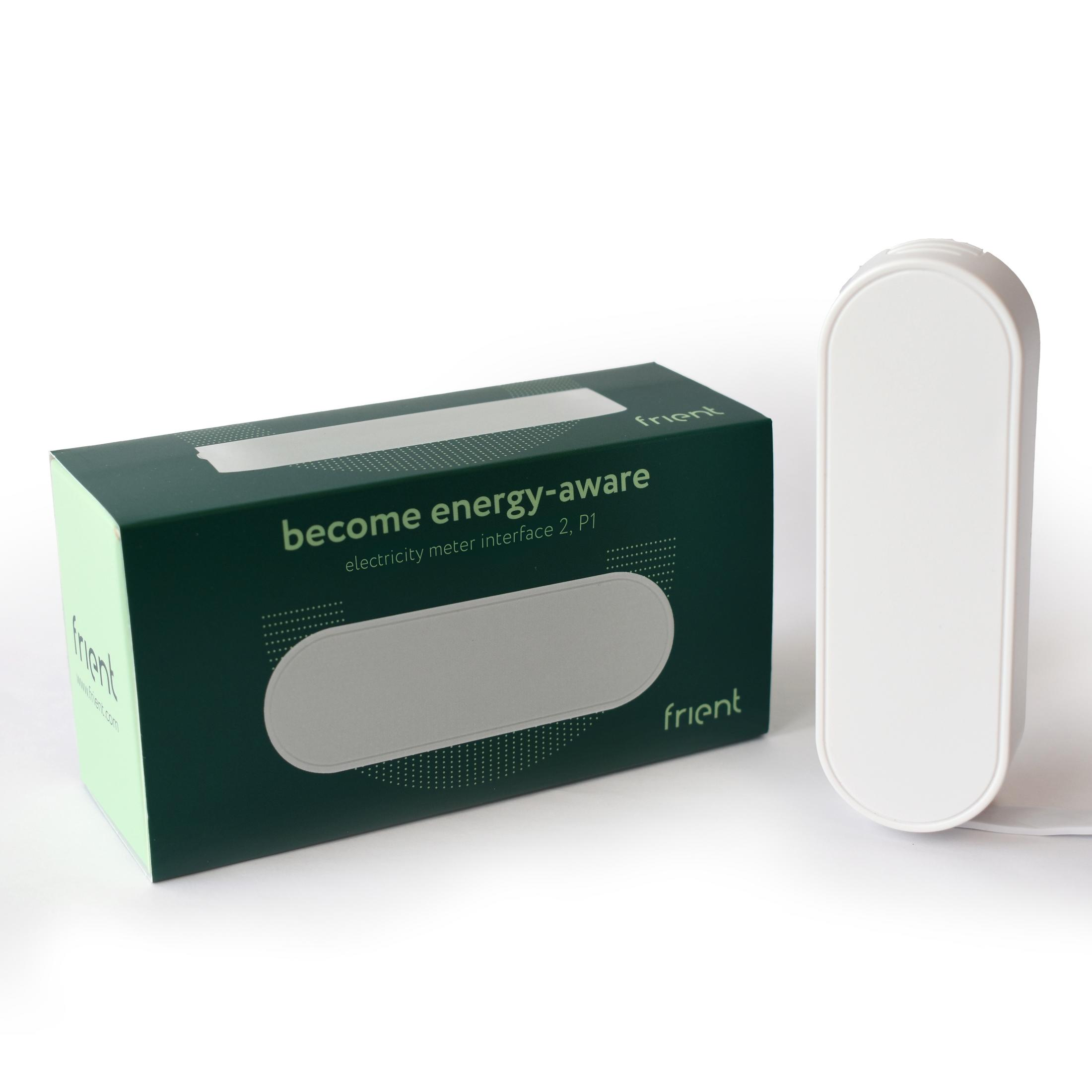 Ein grüner Karton mit der Aufschrift 'become energy-aware' und ein weißes Gerät.
