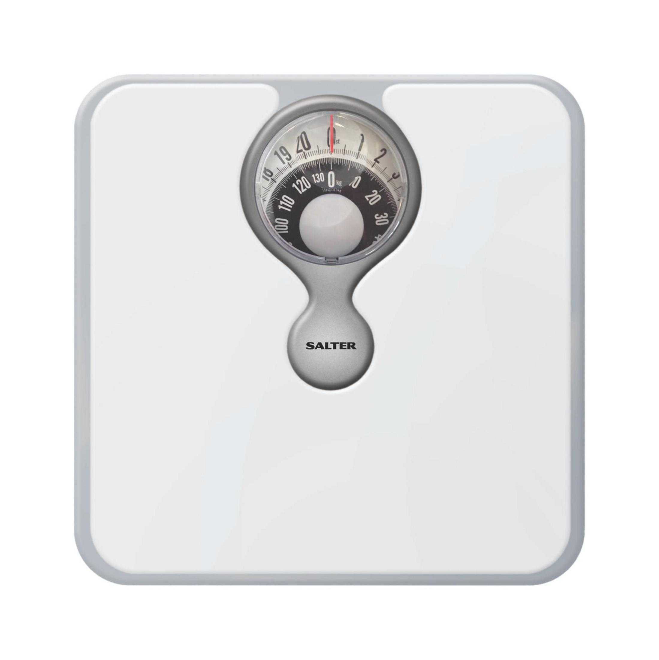 Bilancia da bagno bianca con quadrante rotondo e ago rosso, che mostra 0 kg.
