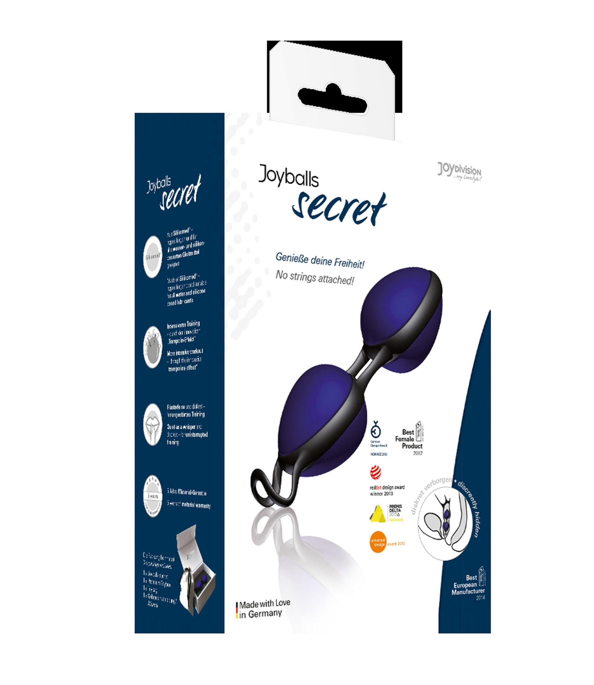 Ein Paar blaue Joyballs Secret mit schwarzem Band, auf weißem Hintergrund.
