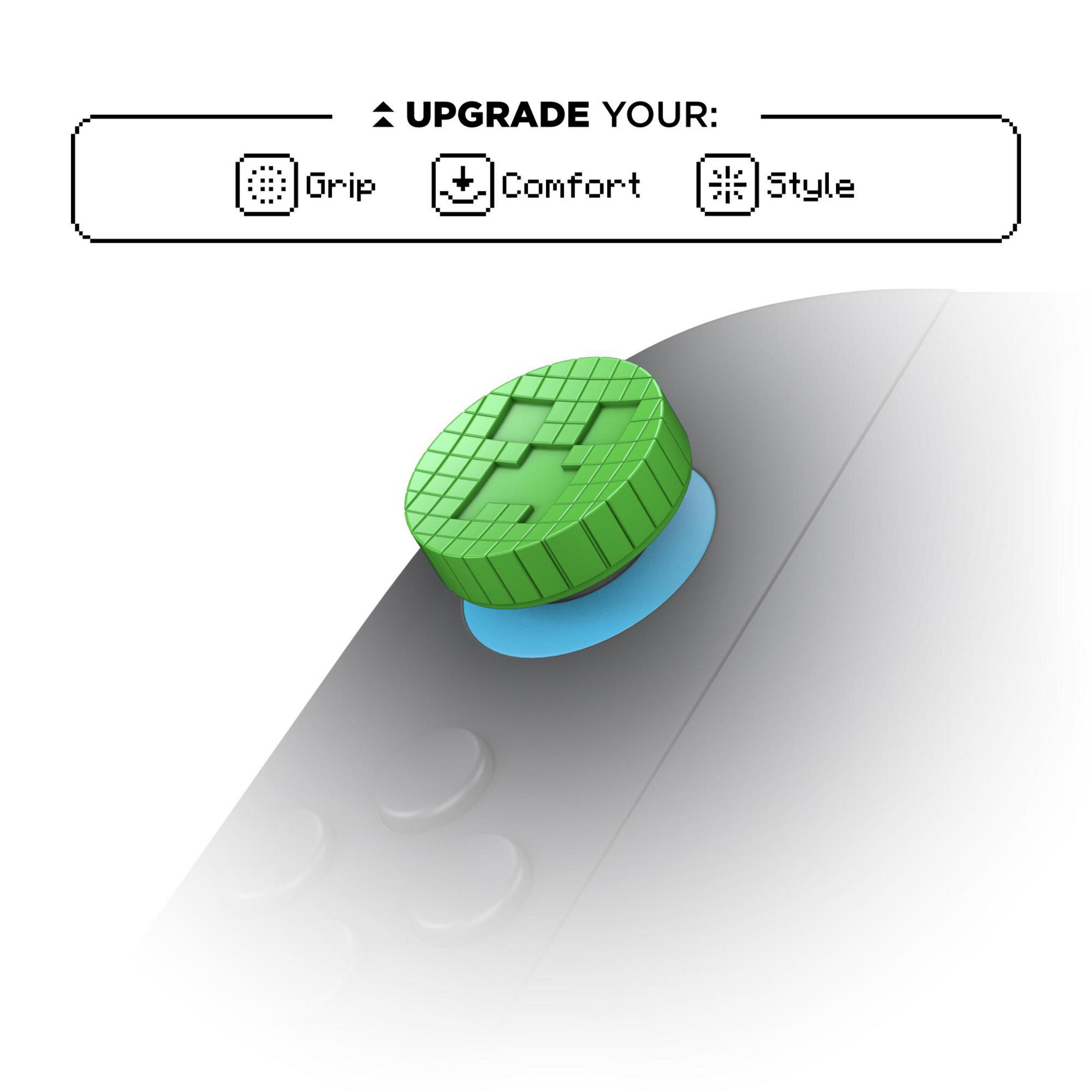 Grüner Controller-Knopf mit Textur auf grauer Oberfläche mit Text: Upgrade Your: Grip, Comfort, Style.