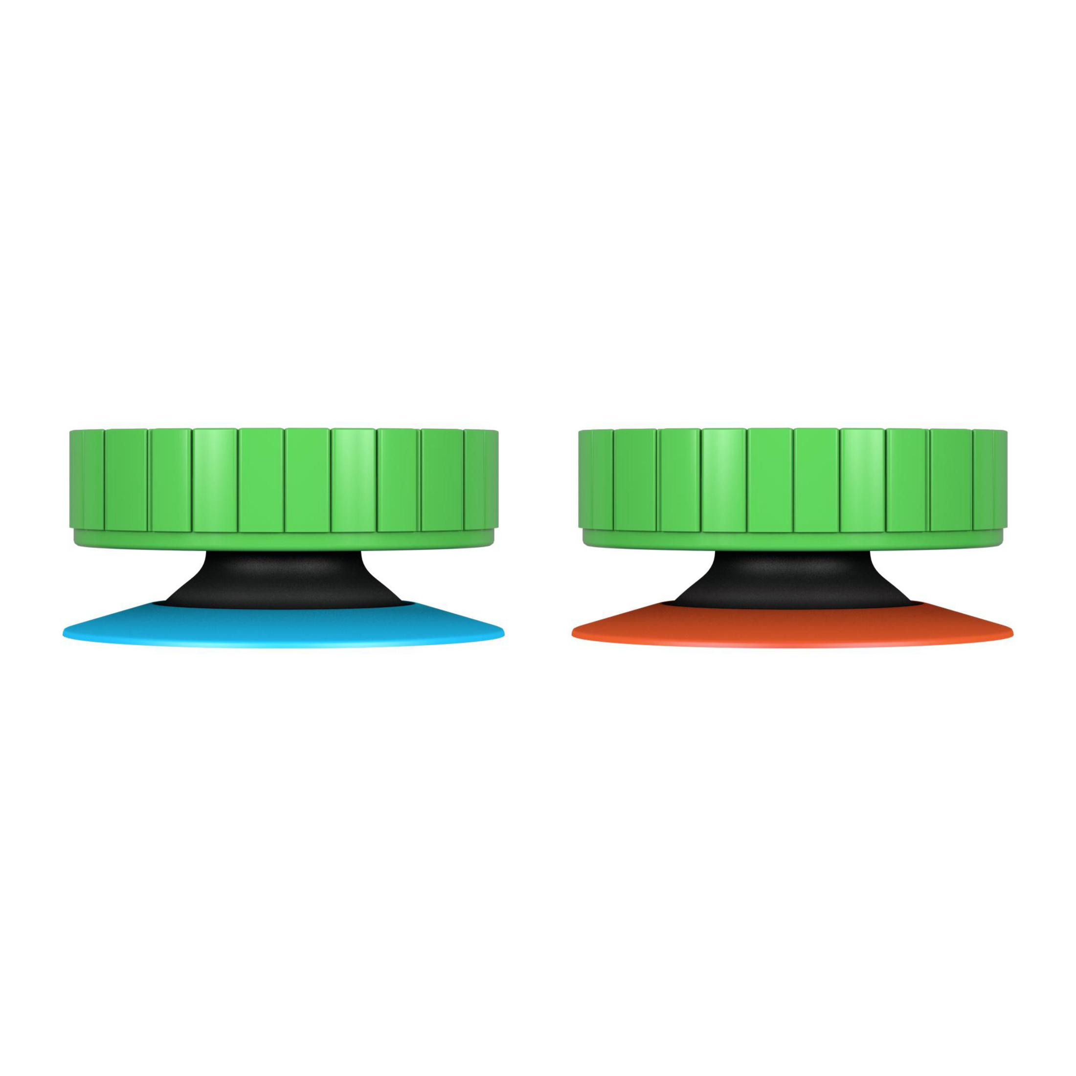 Zwei grüne Saugnäpfe mit blauem und orangem Boden auf weißem Hintergrund.
