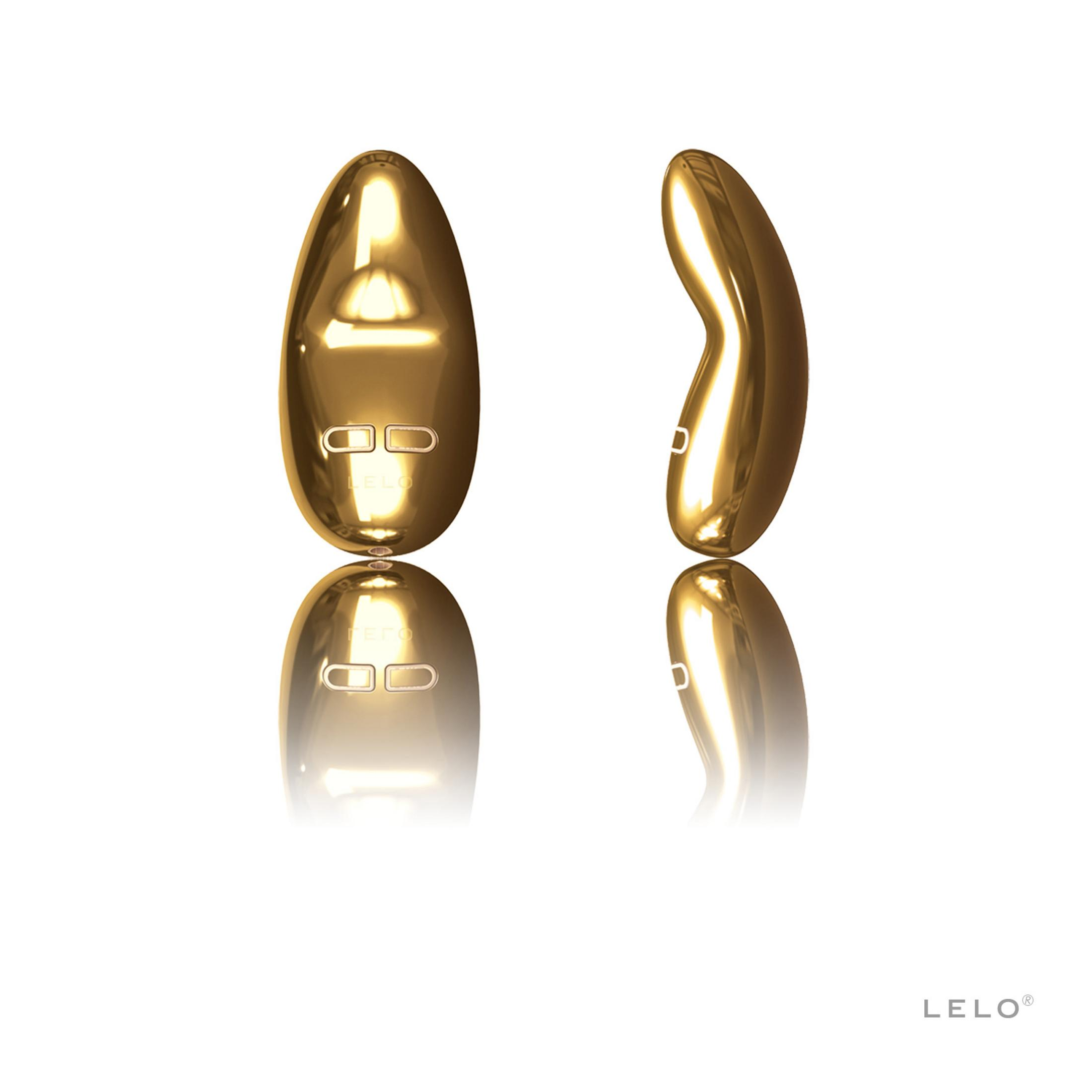 Zwei goldene LELO-Vibratoren mit reflektierender Oberfläche auf weißem Hintergrund.