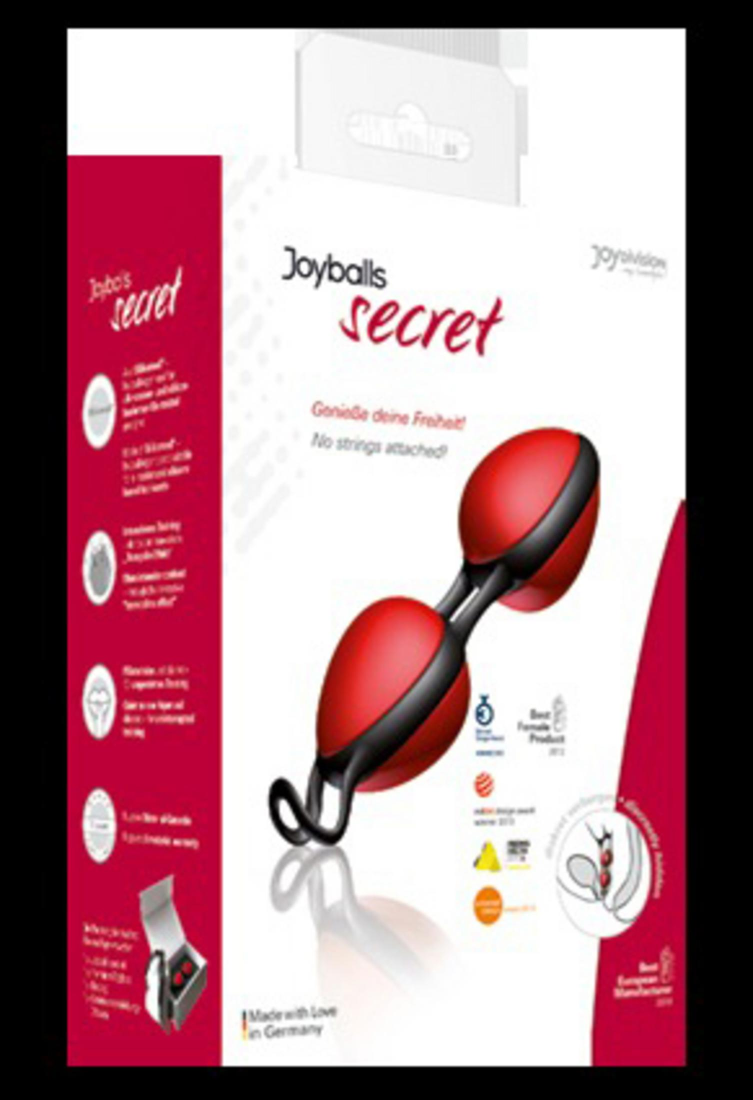 Rote Joyballs mit schwarzer Umrandung auf Produktverpackung mit Text.