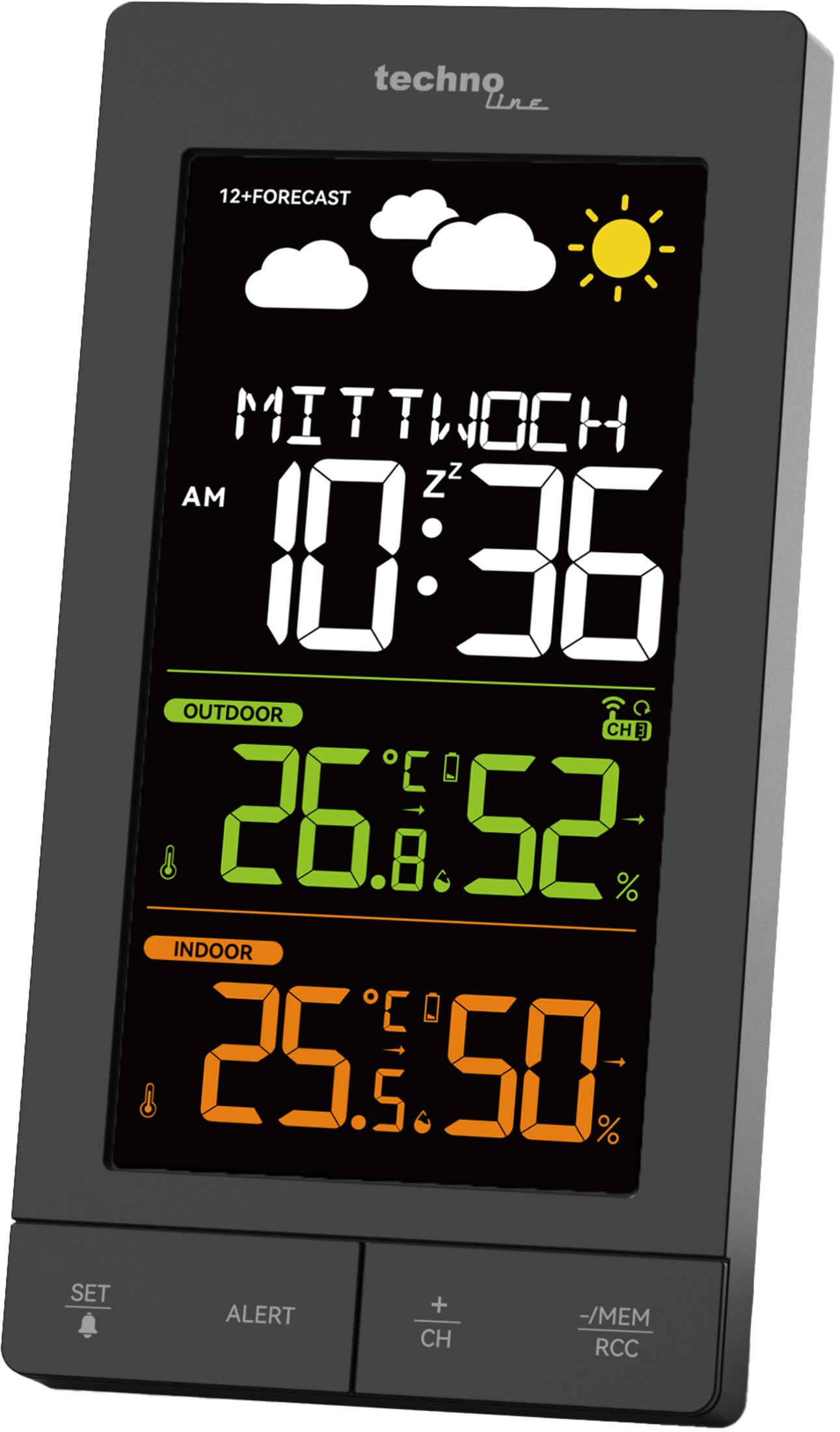 Digitaluhr mit Wettervorhersage, Außen- und Innentemperatur/Luftfeuchtigkeit.