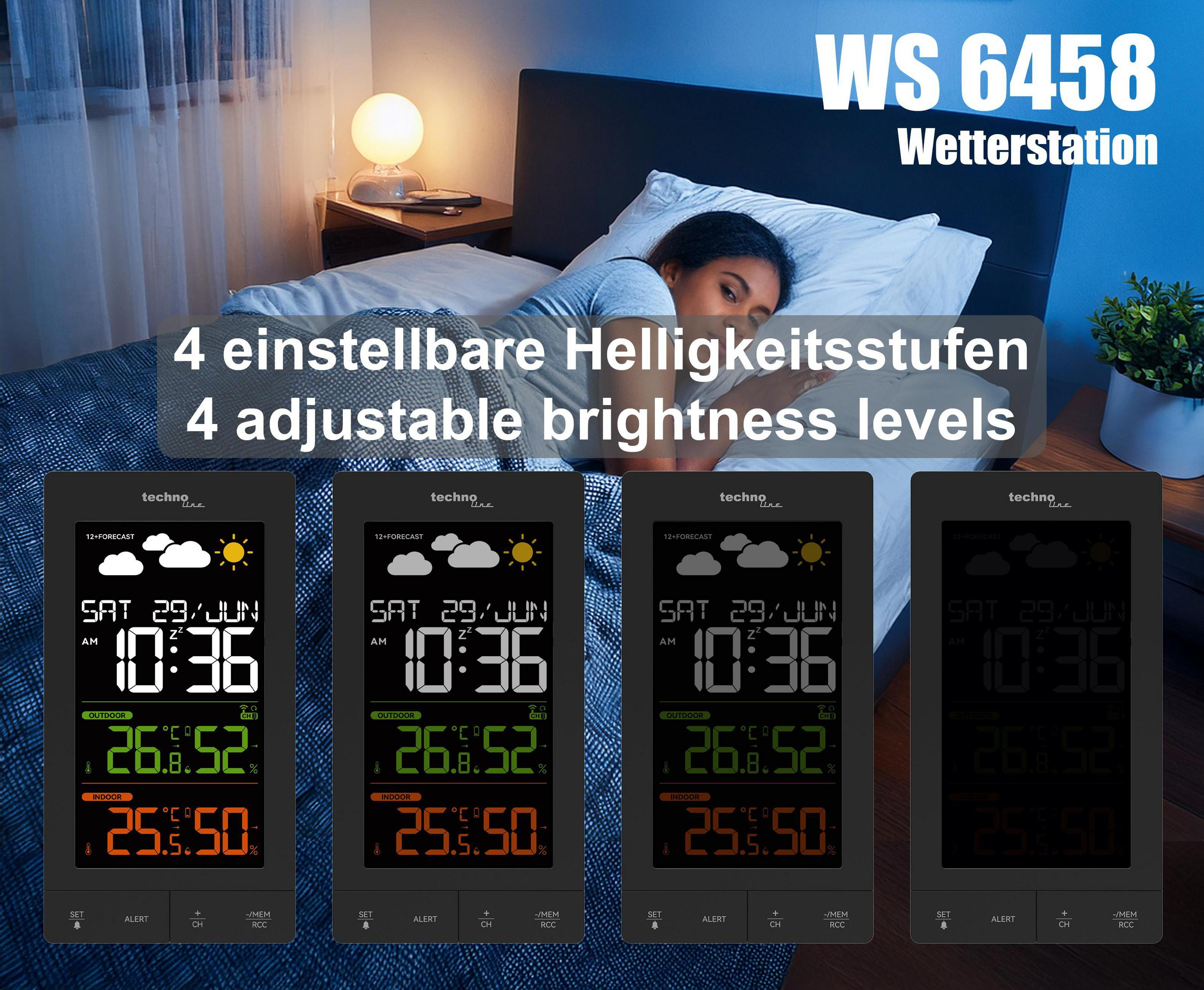 WS 6458 Wetterstation mit 4 Helligkeitsstufen auf einem Nachttisch.
