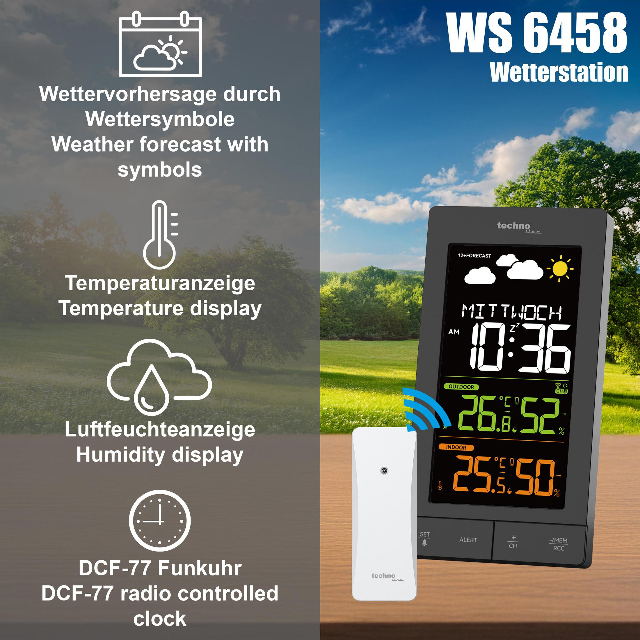Wetterstation mit Außensensor, zeigt Wettervorhersage, Temperatur und Luftfeuchtigkeit.