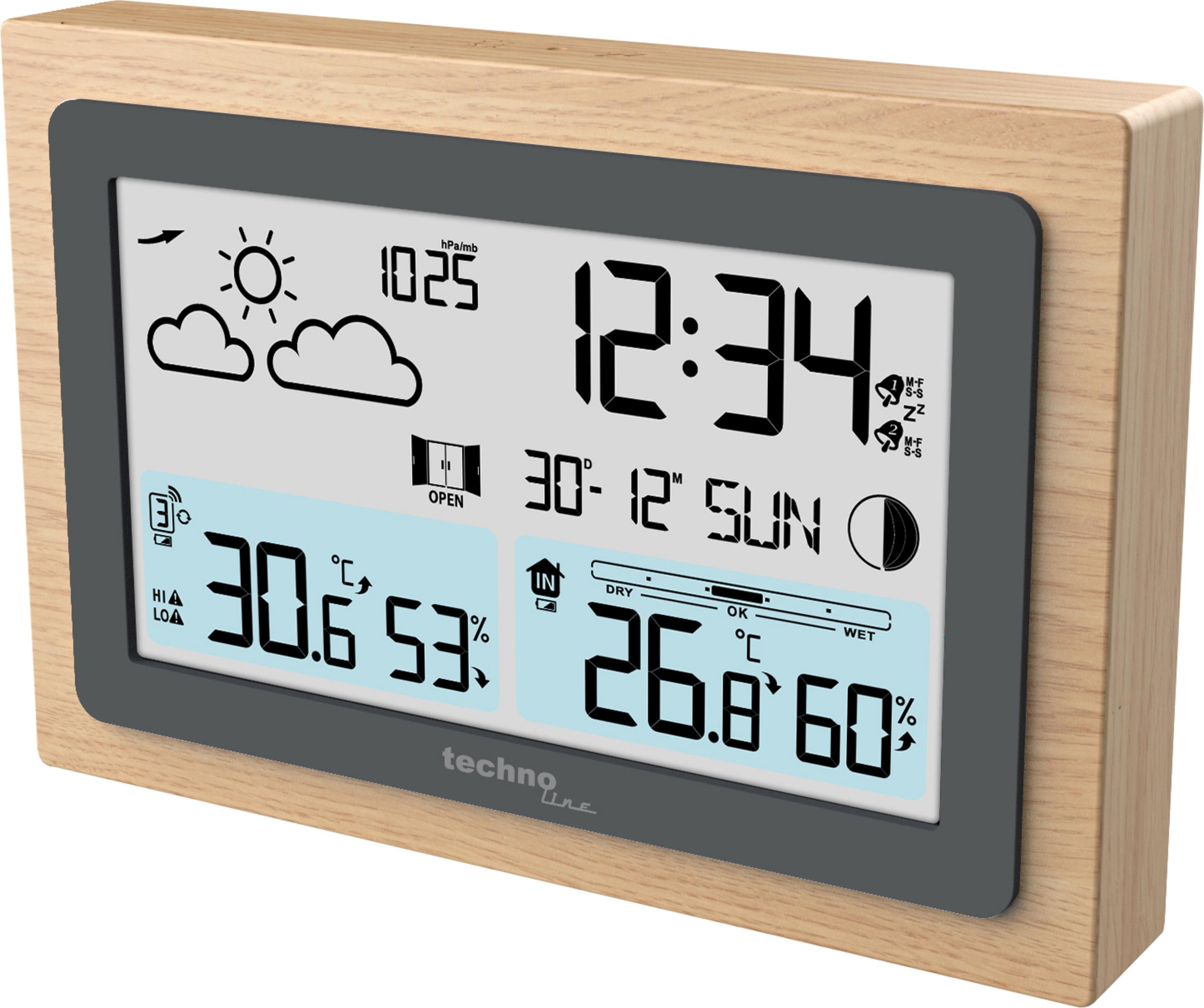 Digitaluhr mit Holzrahmen zeigt 30.6C, 53% Luftfeuchtigkeit und 26.8C, 60% Luftfeuchtigkeit an.
