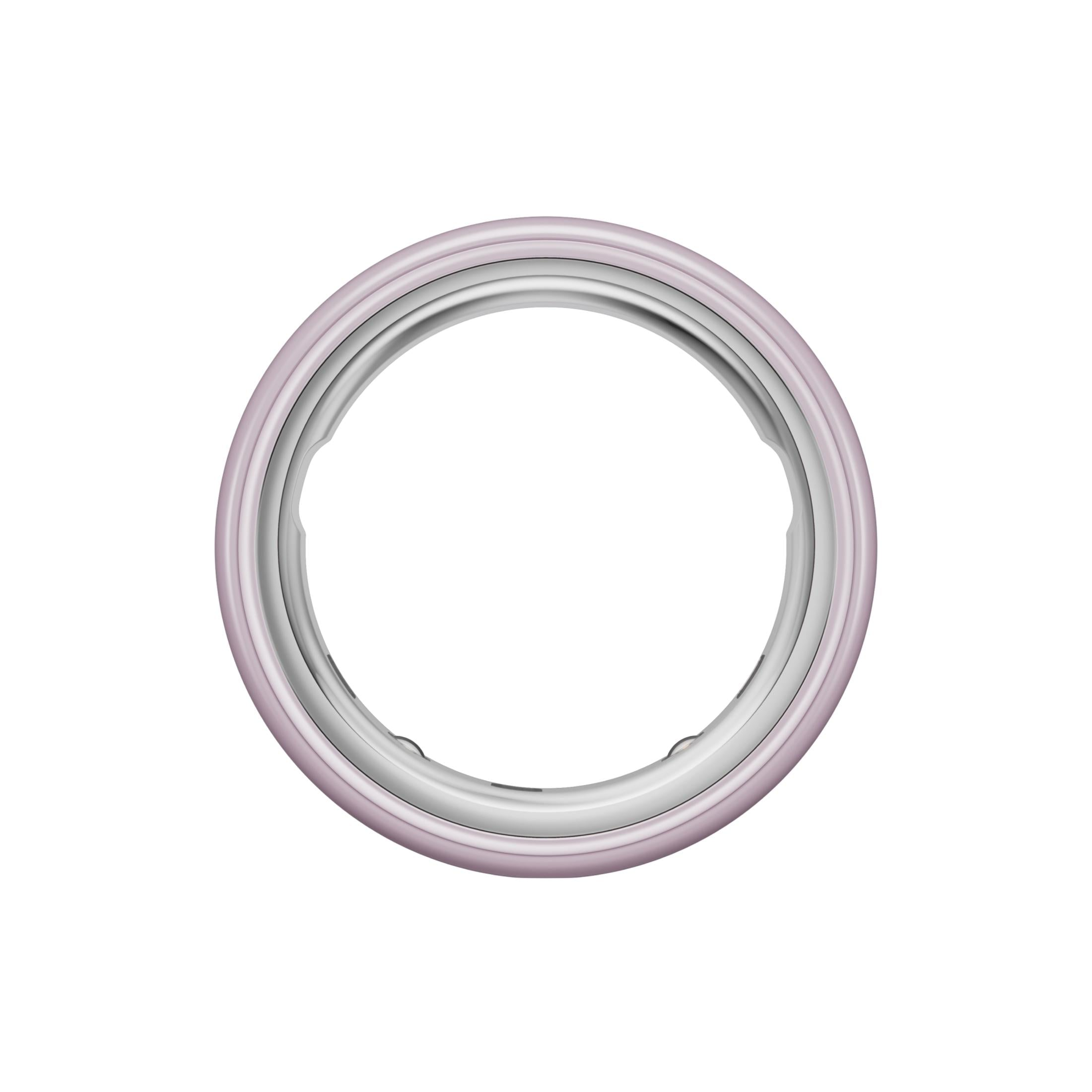 Ein runder, silberfarbener Ring mit einer zarten rosa Umrandung.