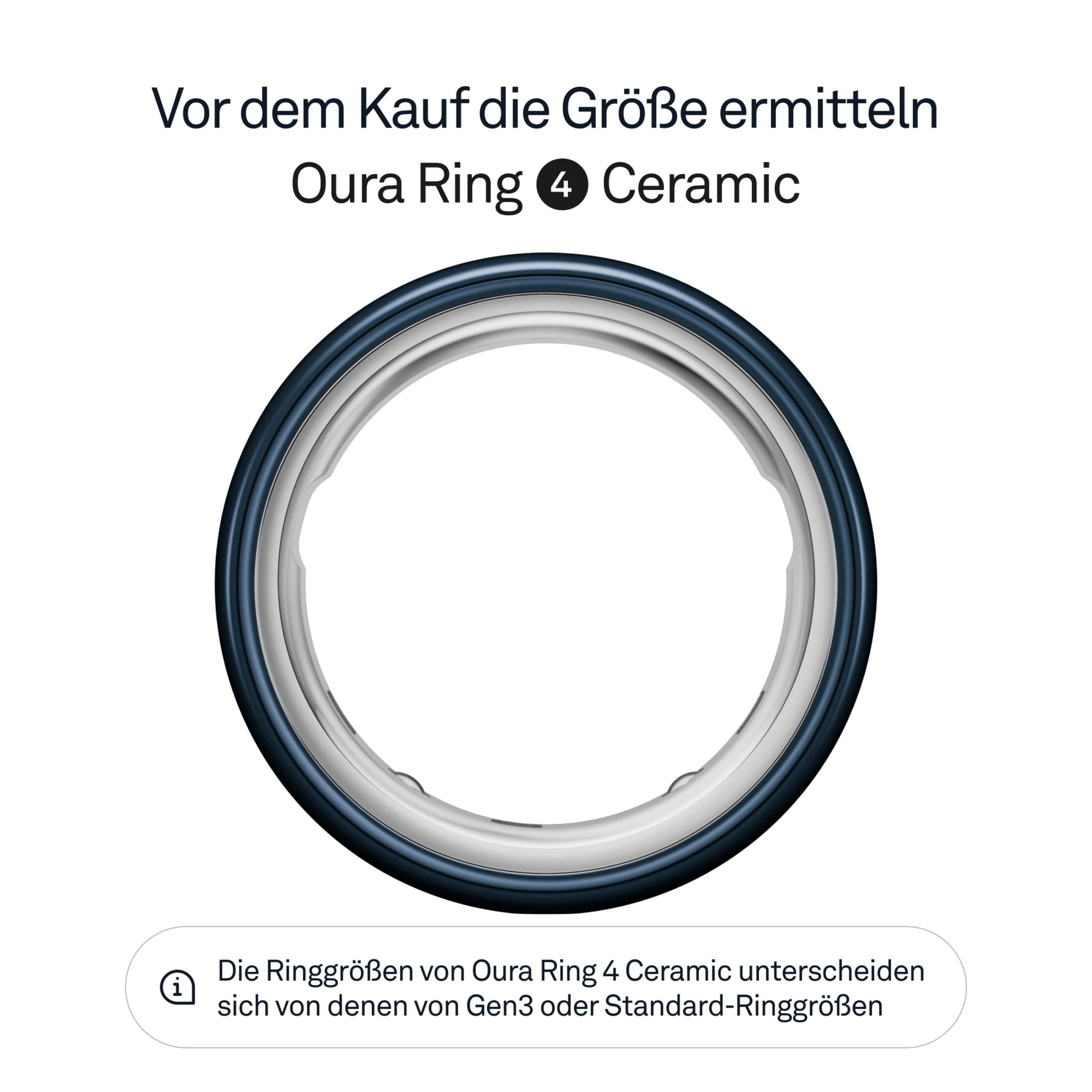 Ein blauer Oura Ring 4 Ceramic wird gezeigt. Text: Vor dem Kauf Größe ermitteln.