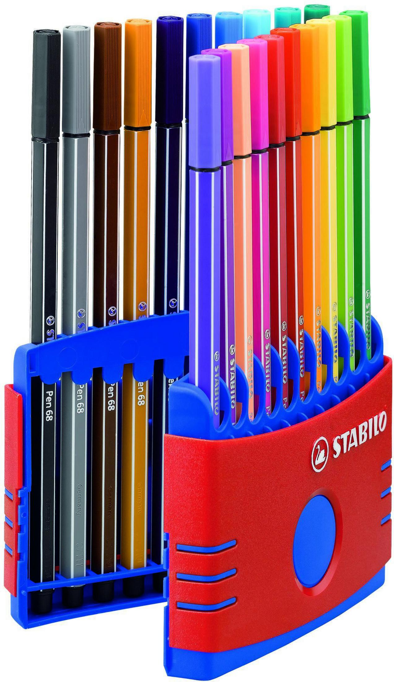 Ein Set bunter Stabilo Filzstifte in einem roten und blauen Ständer.