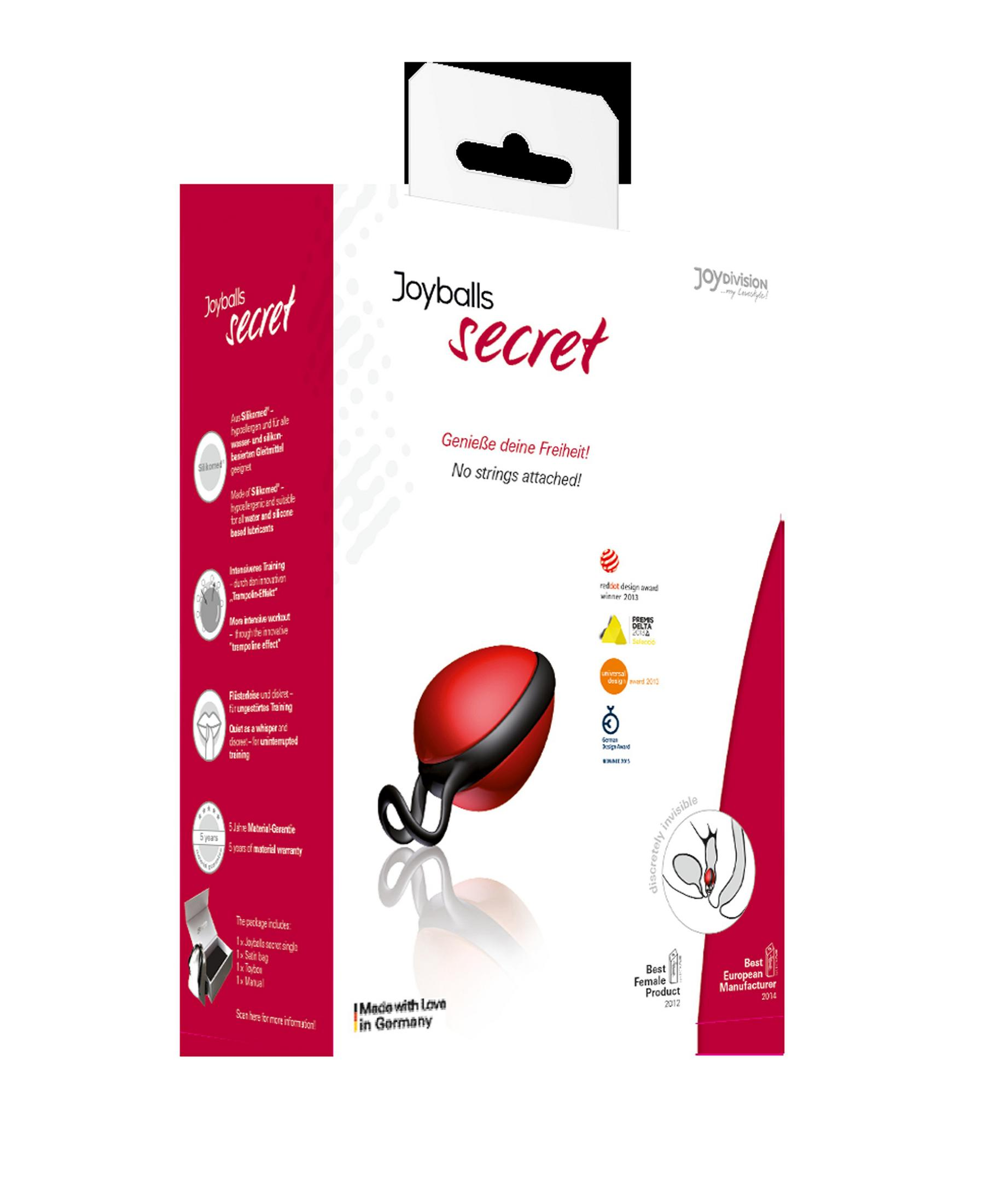 Verpackung für Joyballs Secret: roter Ball, Siegel und Produktdetails.