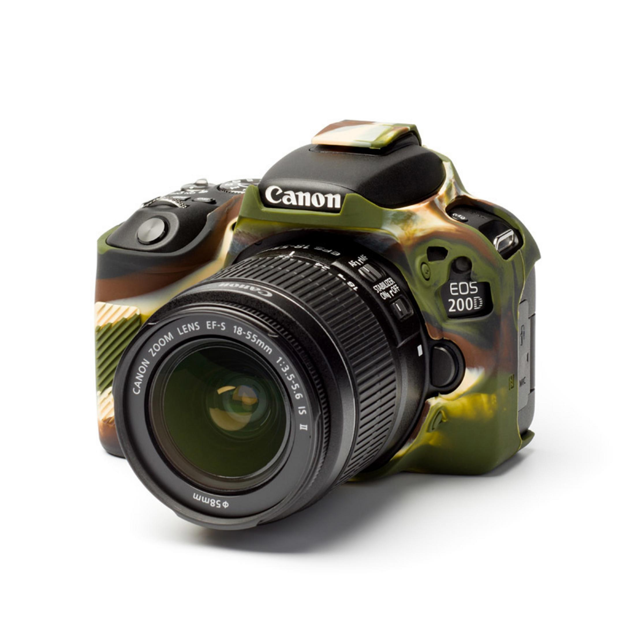 Eine digitale Spiegelreflexkamera im Tarnmuster mit einem Canon-Objektiv.