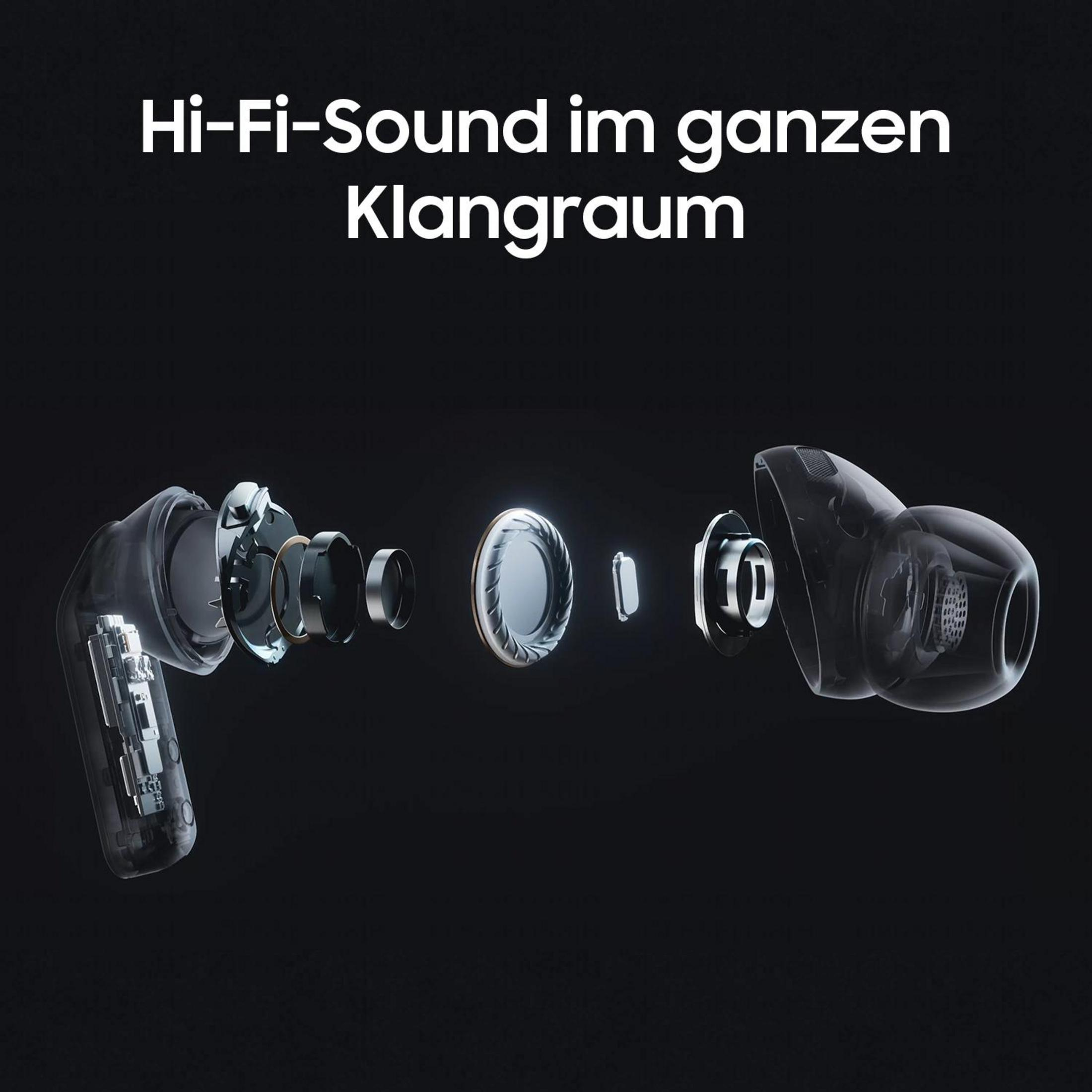Explodierte Ansicht eines transparenten Kopfhörers mit sichtbaren Komponenten auf schwarzem Hintergrund.
