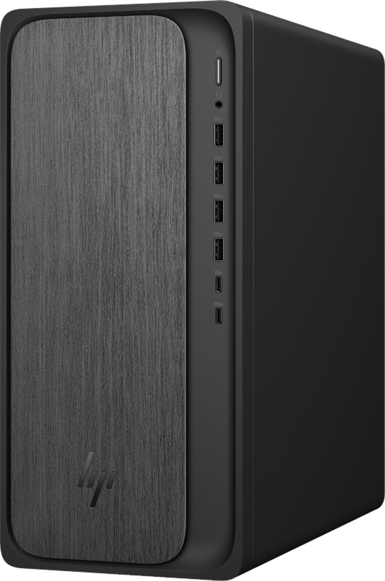 Ein schwarzer HP Desktop-Computer-Tower mit texturierter Frontplatte und sichtbaren Anschlüssen.