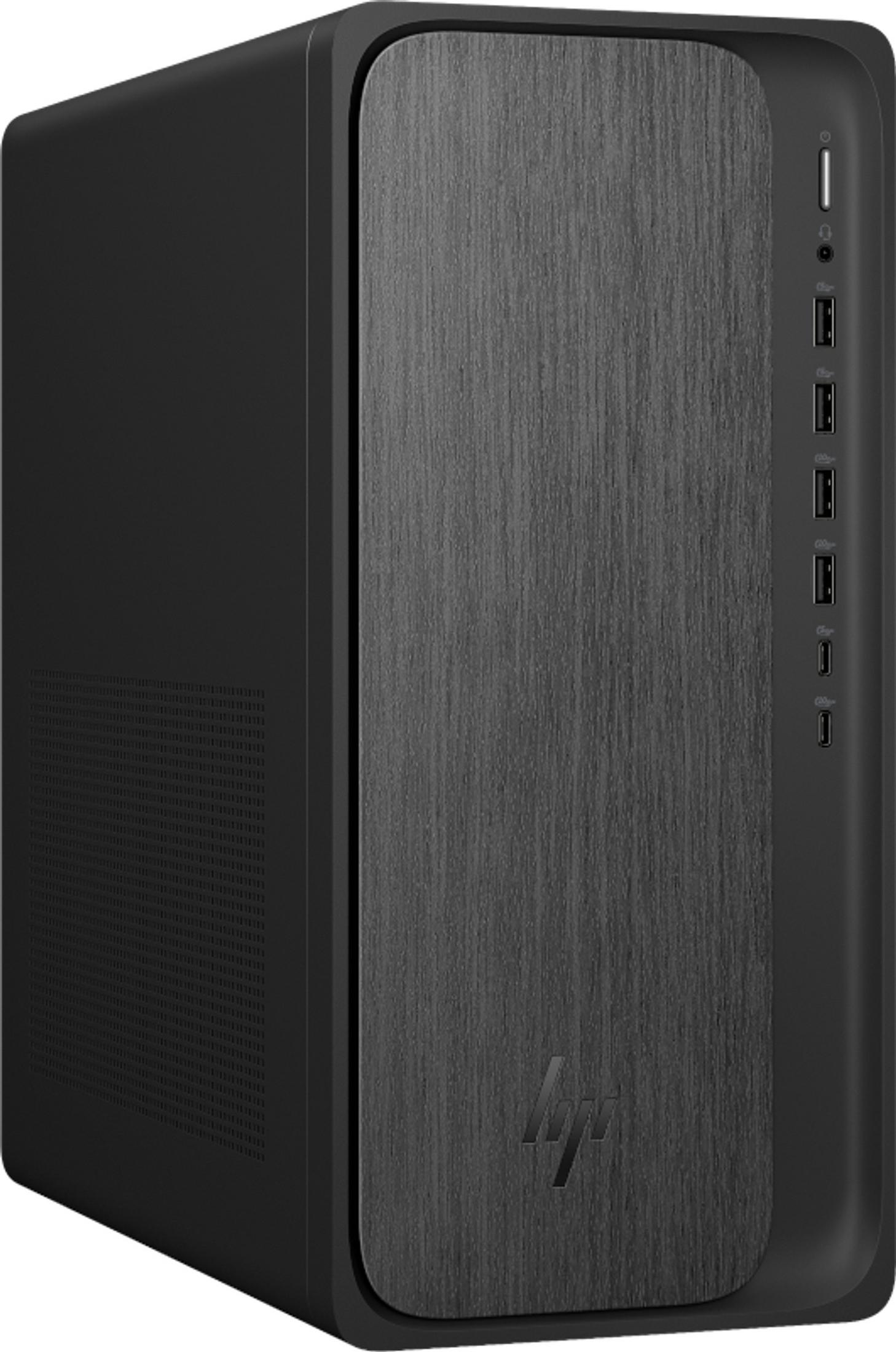 Ein schwarzer HP Desktop-Computerturm mit texturierter Frontplatte und USB-Anschlüssen.