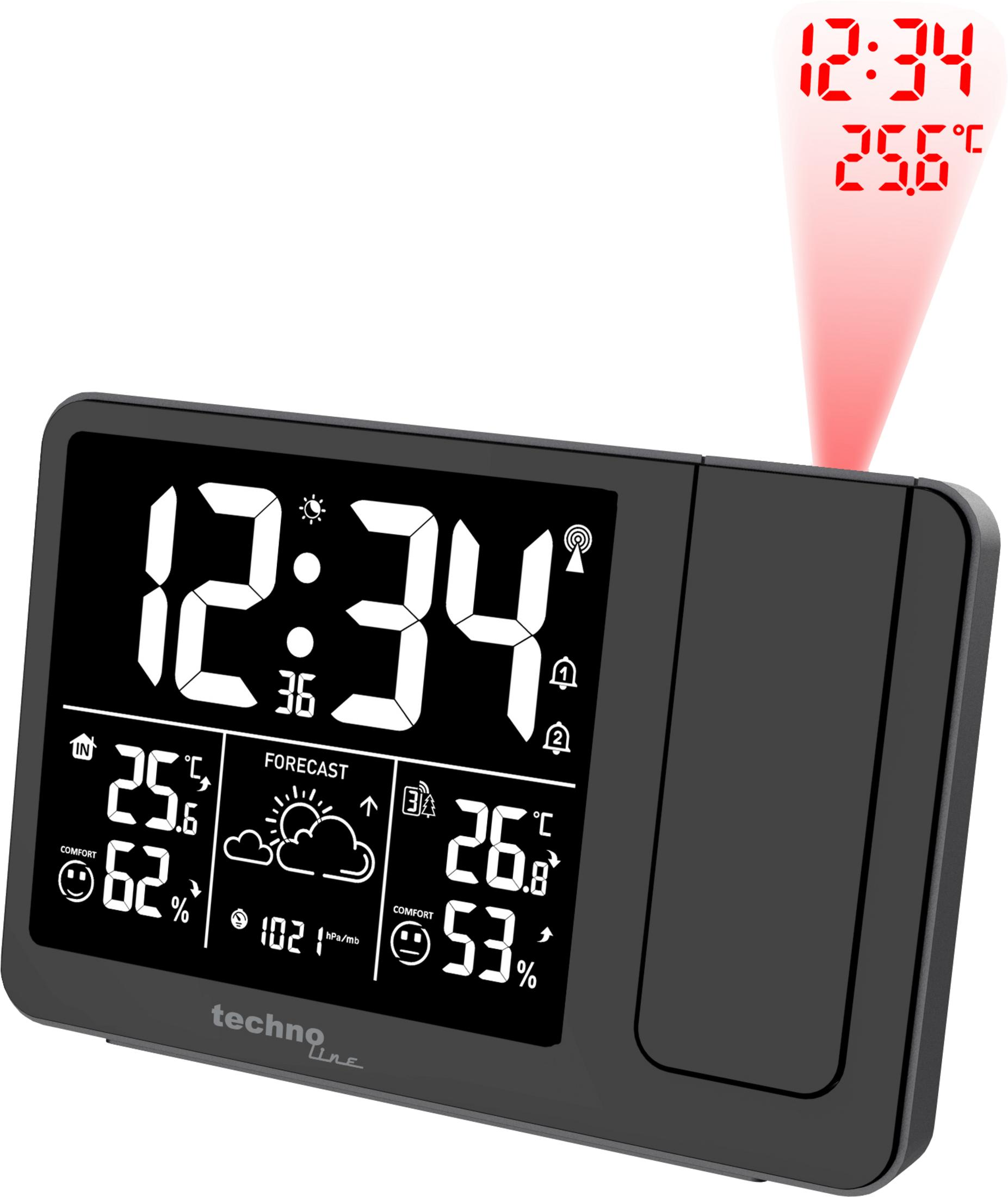 Eine schwarze Digitaluhr projiziert Zeit und Temperatur in Rot. Sie zeigt 12:34 und 25,6 C.