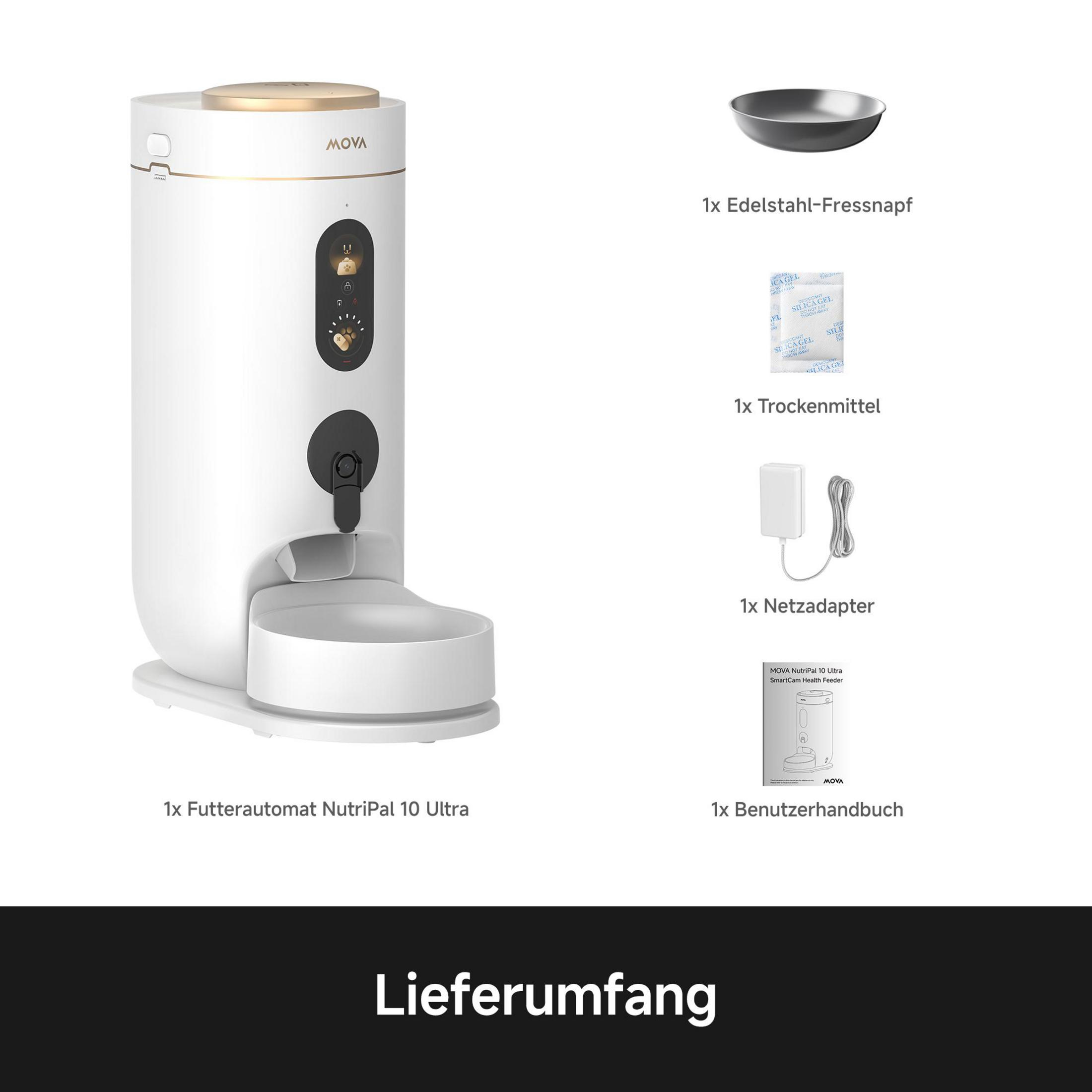 Un comedero automático blanco con accesorios: cuenco, desecante, adaptador y manual.