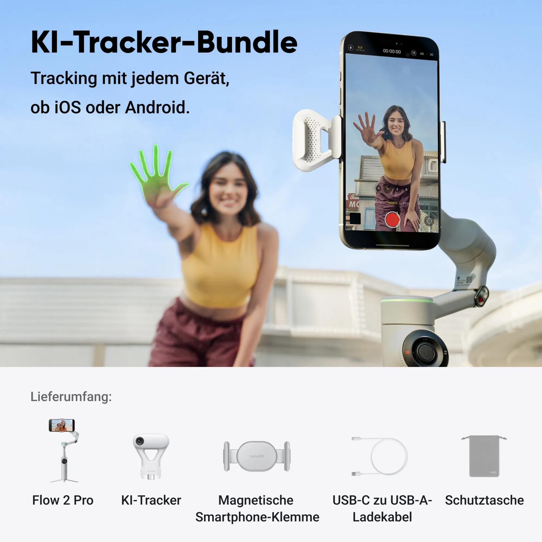 KI-Tracker-Bundle mit Frau, Smartphone und Gimbal. Enthält Flow 2 Pro, KI-Tracker, Klemme, Kabel, Tasche.