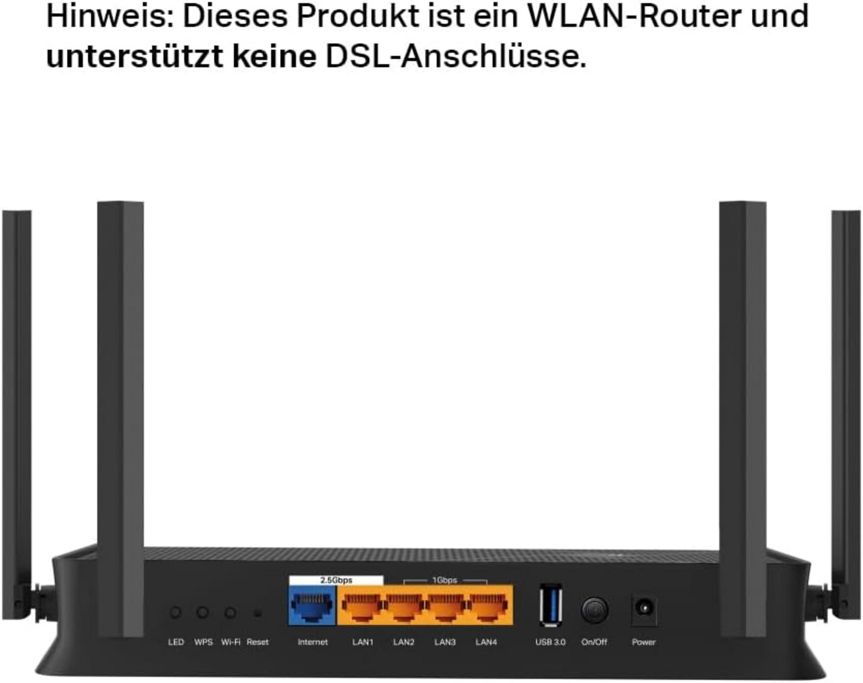 Ein schwarzer WLAN-Router mit Antennen und vielen Anschlüssen auf der Rückseite.