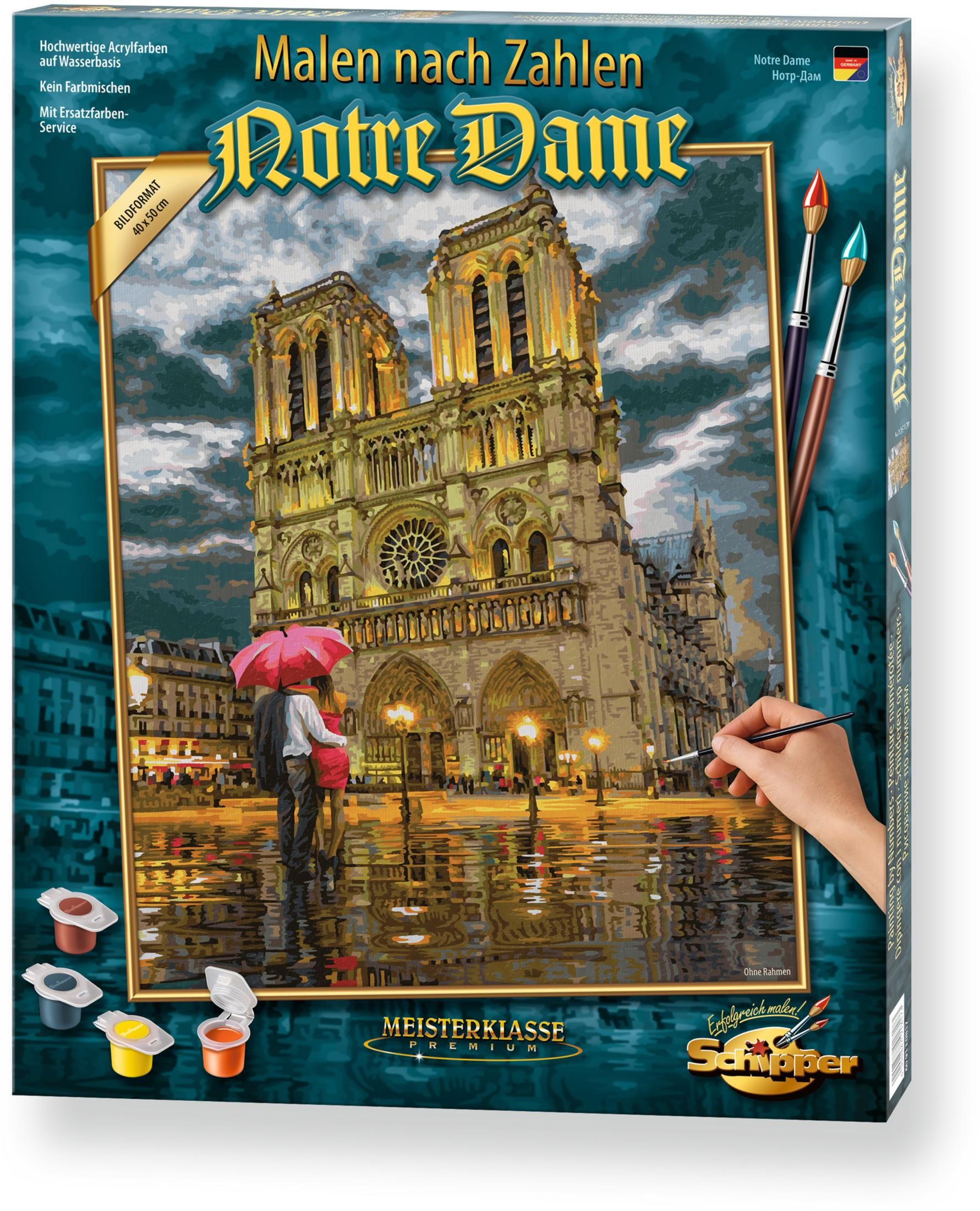Malset: Notre Dame bei Nacht, Paar mit Schirm, Pinsel und Farben.