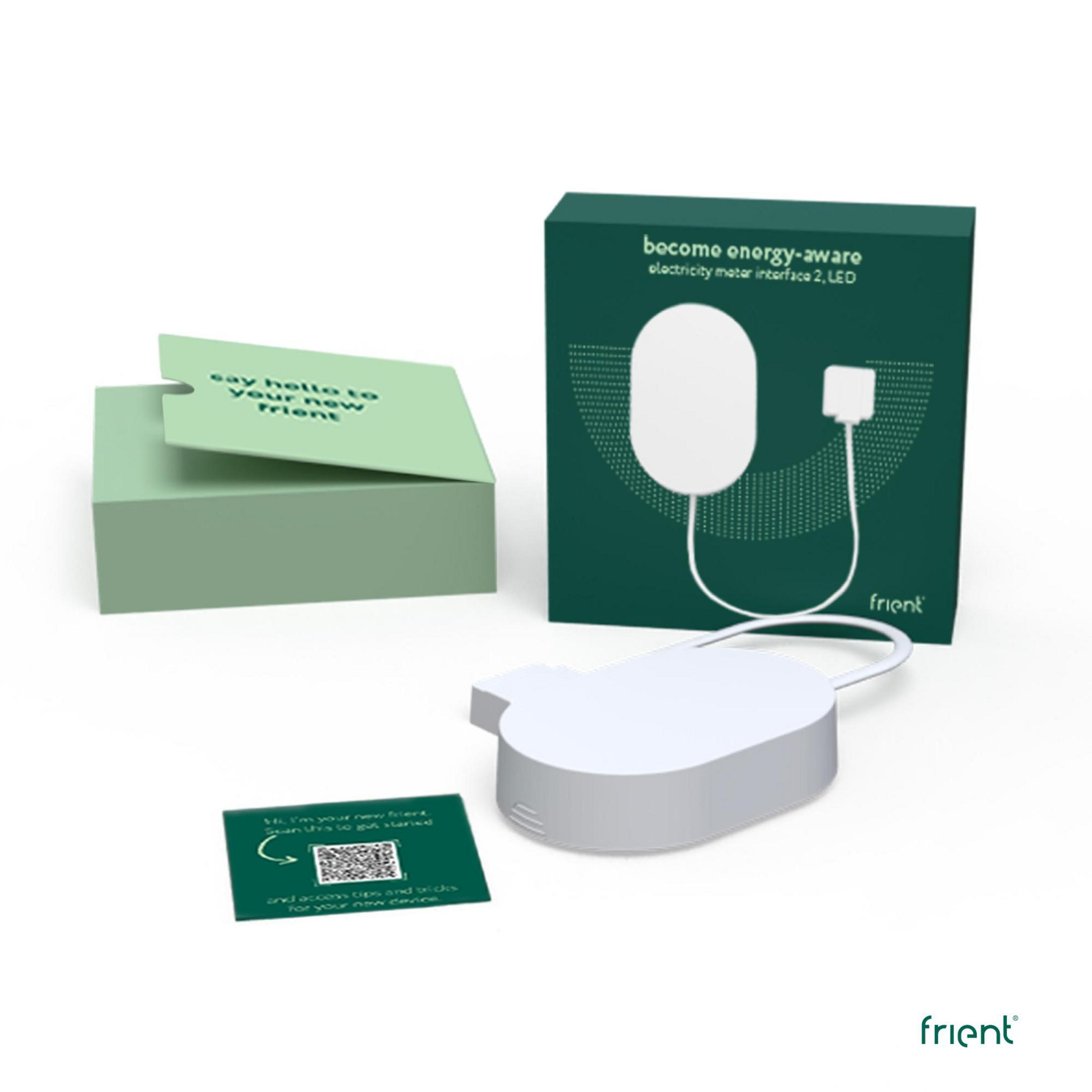 Grüne Box mit Karte 'Sag Hallo zu deinem neuen Freund'. Weißes Gerät & dunkelgrüne Box.