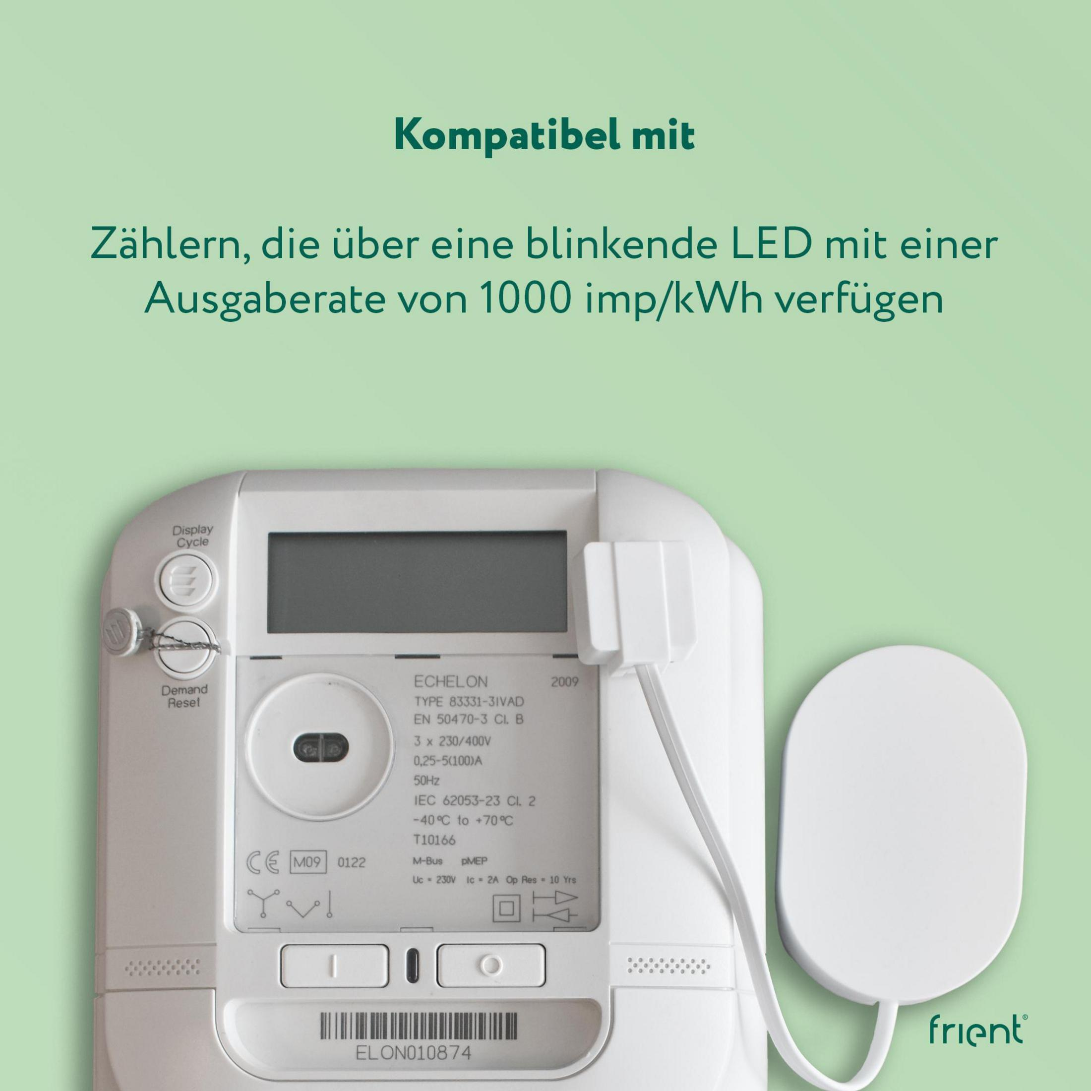 Ein Stromzähler mit einem weißen Aufsatz und dem frient-Logo daneben.