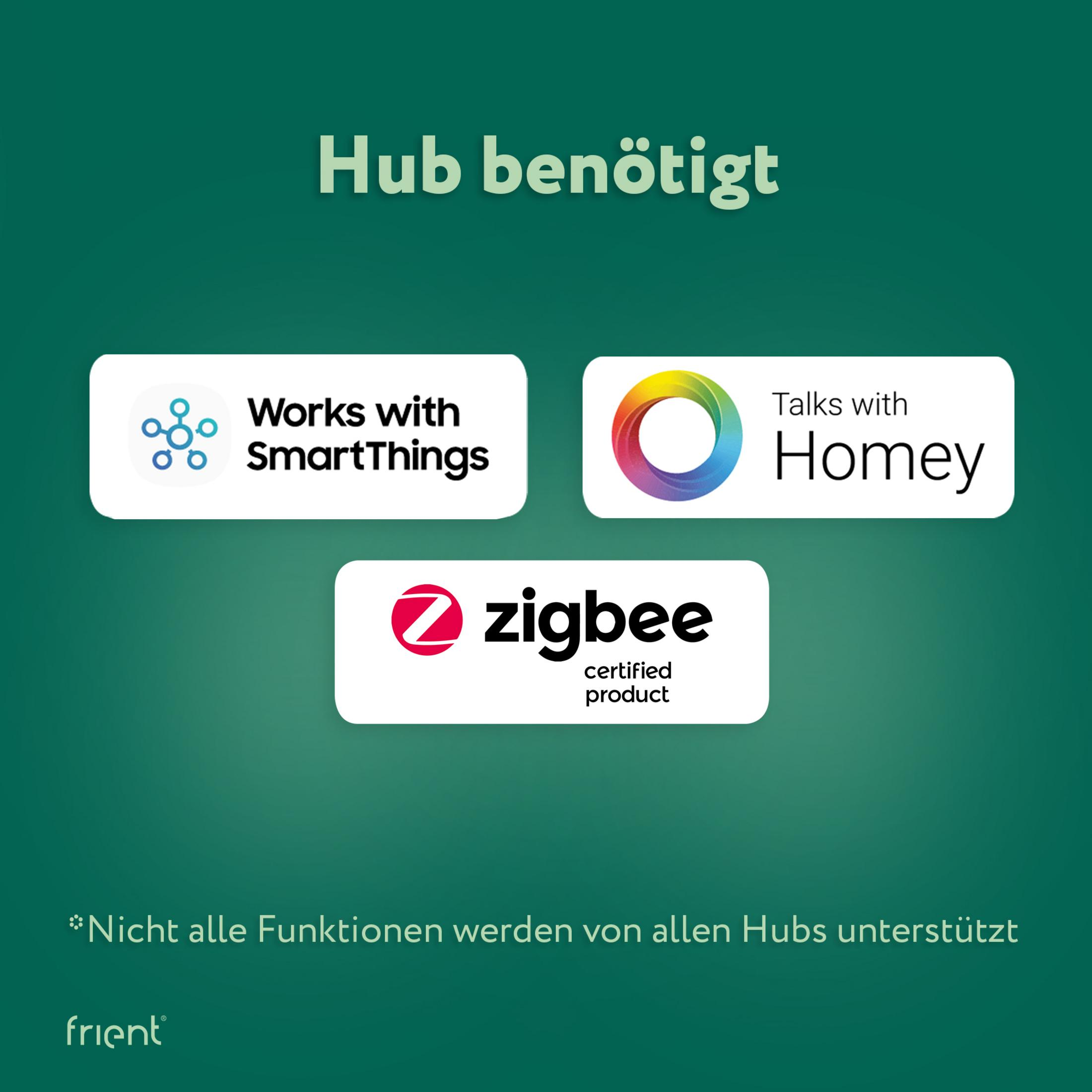 Hub benötigt: Works with SmartThings, Talks with Homey, Zigbee zertifiziert.
