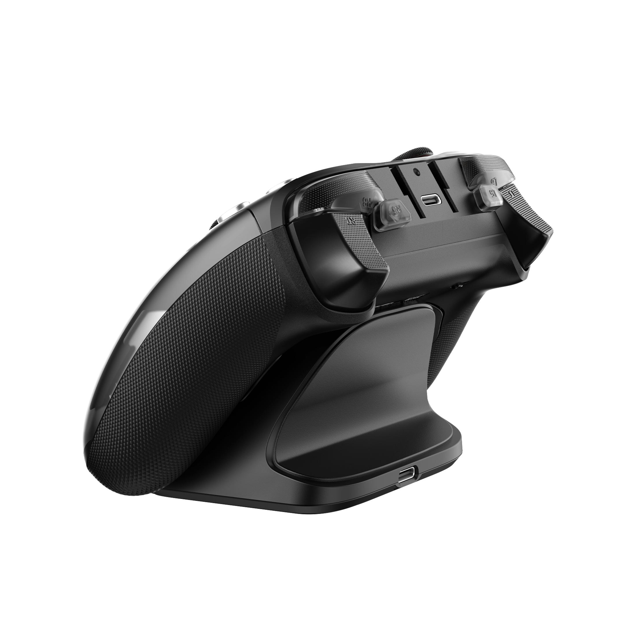 Schwarzer Controller mit Ladebasis, weiße Tasten, USB-C-Anschluss.