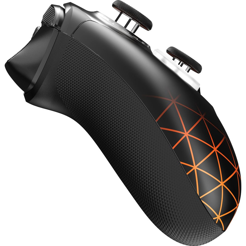 Schwarzer Gamecontroller mit orangefarbenen geometrischen Linien und gummiertem Griff.
