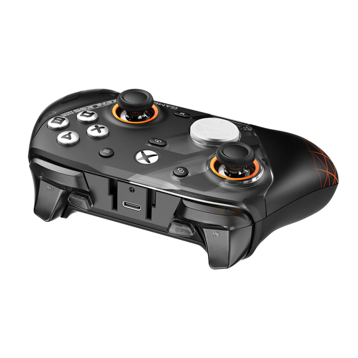 Schwarzer Gaming-Controller mit orangen Akzenten und USB-C-Anschluss.