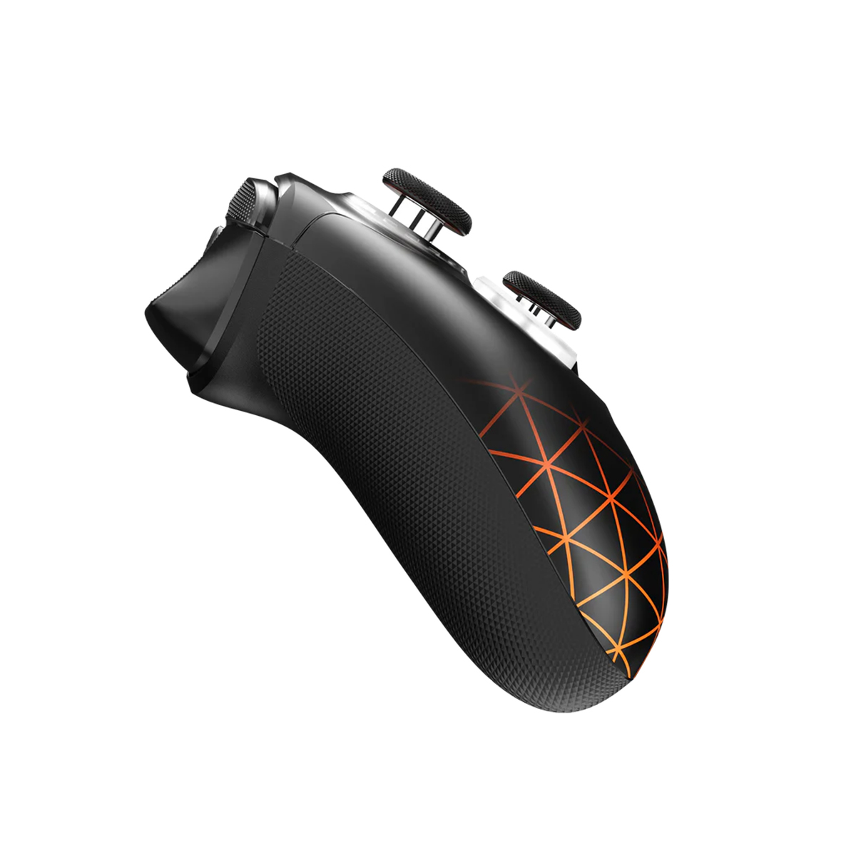 Schwarzer Controller mit orangefarbenem Gittermuster und Rändel-Joysticks.