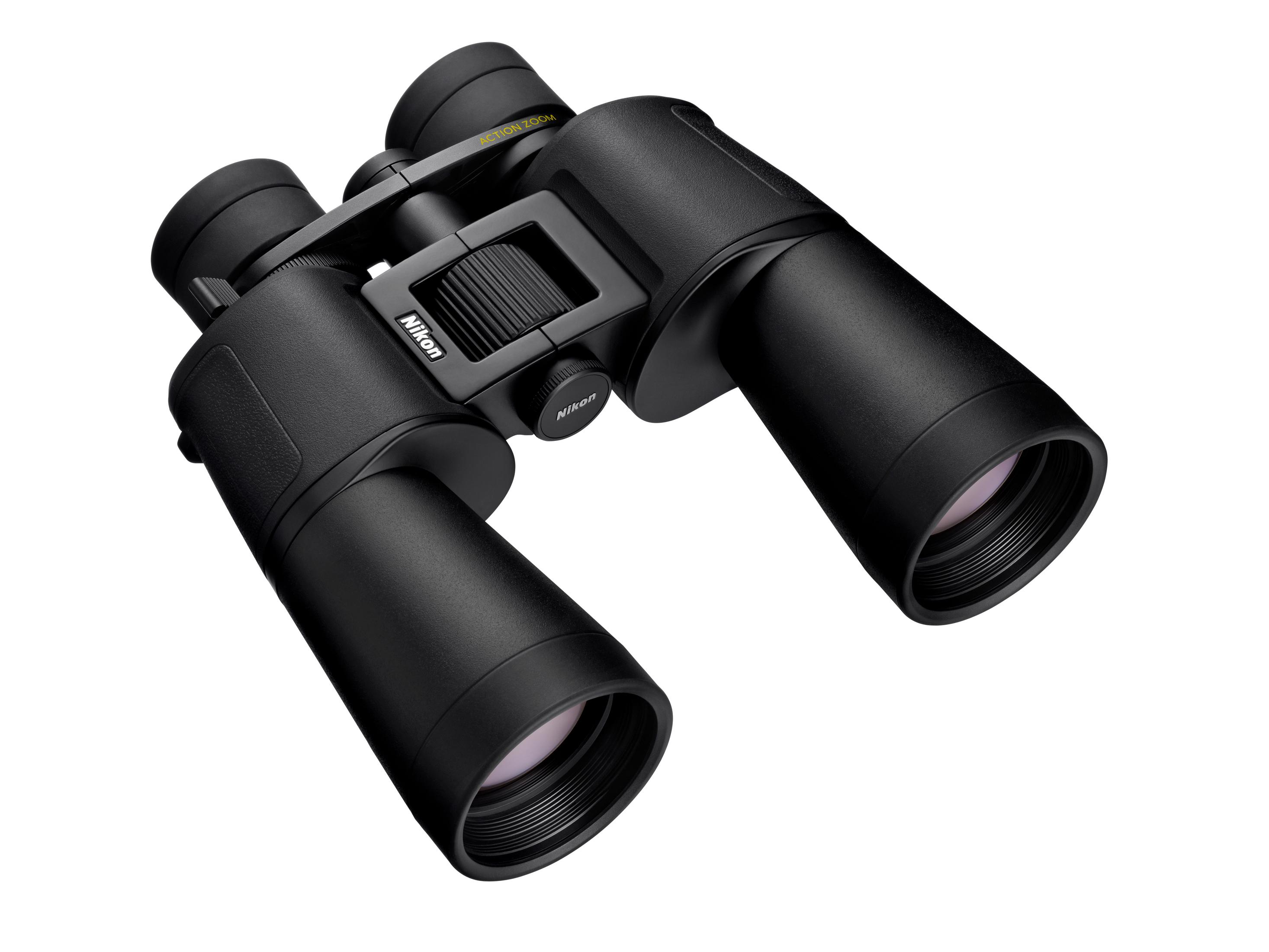 Schwarze Nikon Fernglas mit Zoom-Funktion auf weißem Hintergrund.
