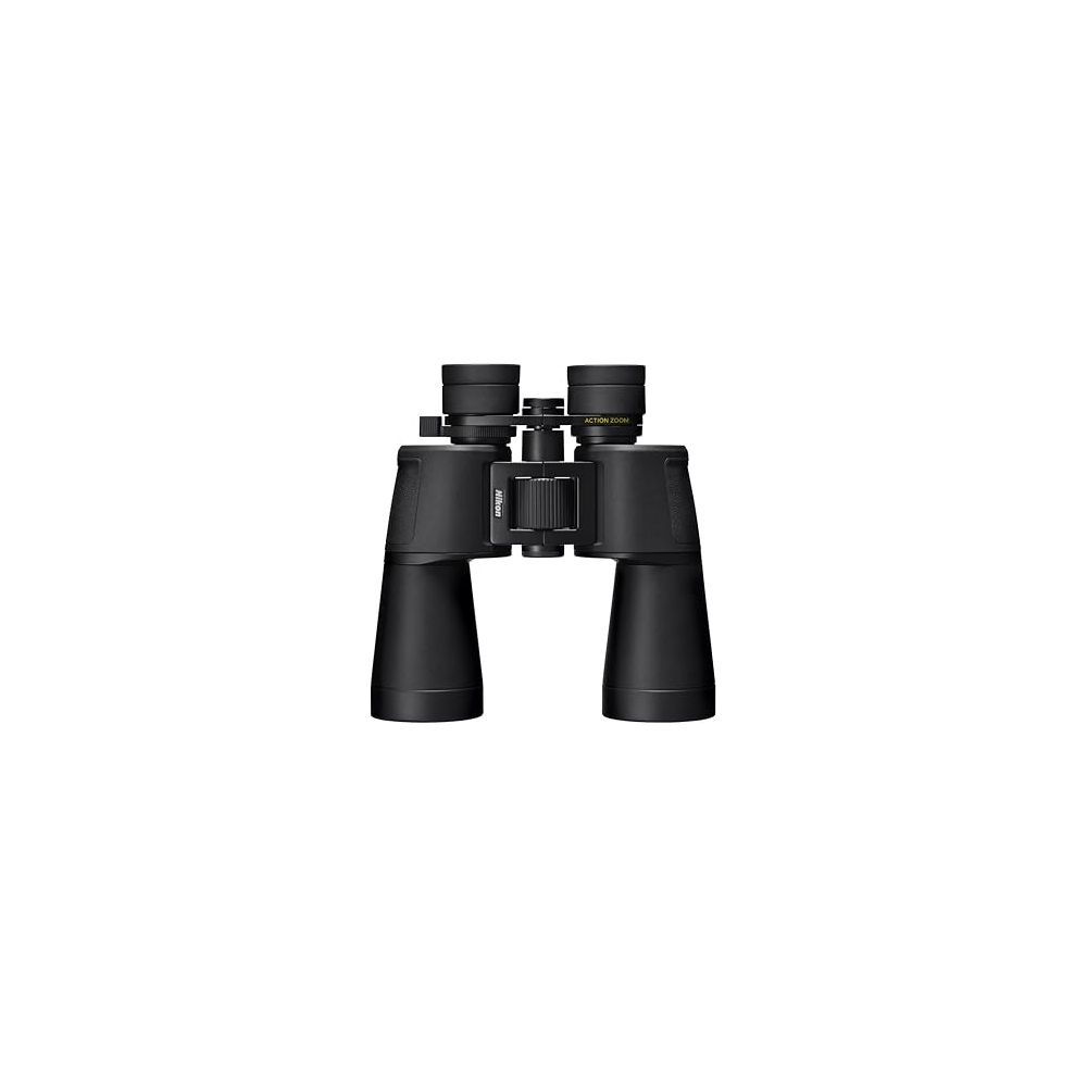 Schwarze Nikon Ferngläser mit Zoom-Funktion, auf weißem Hintergrund.