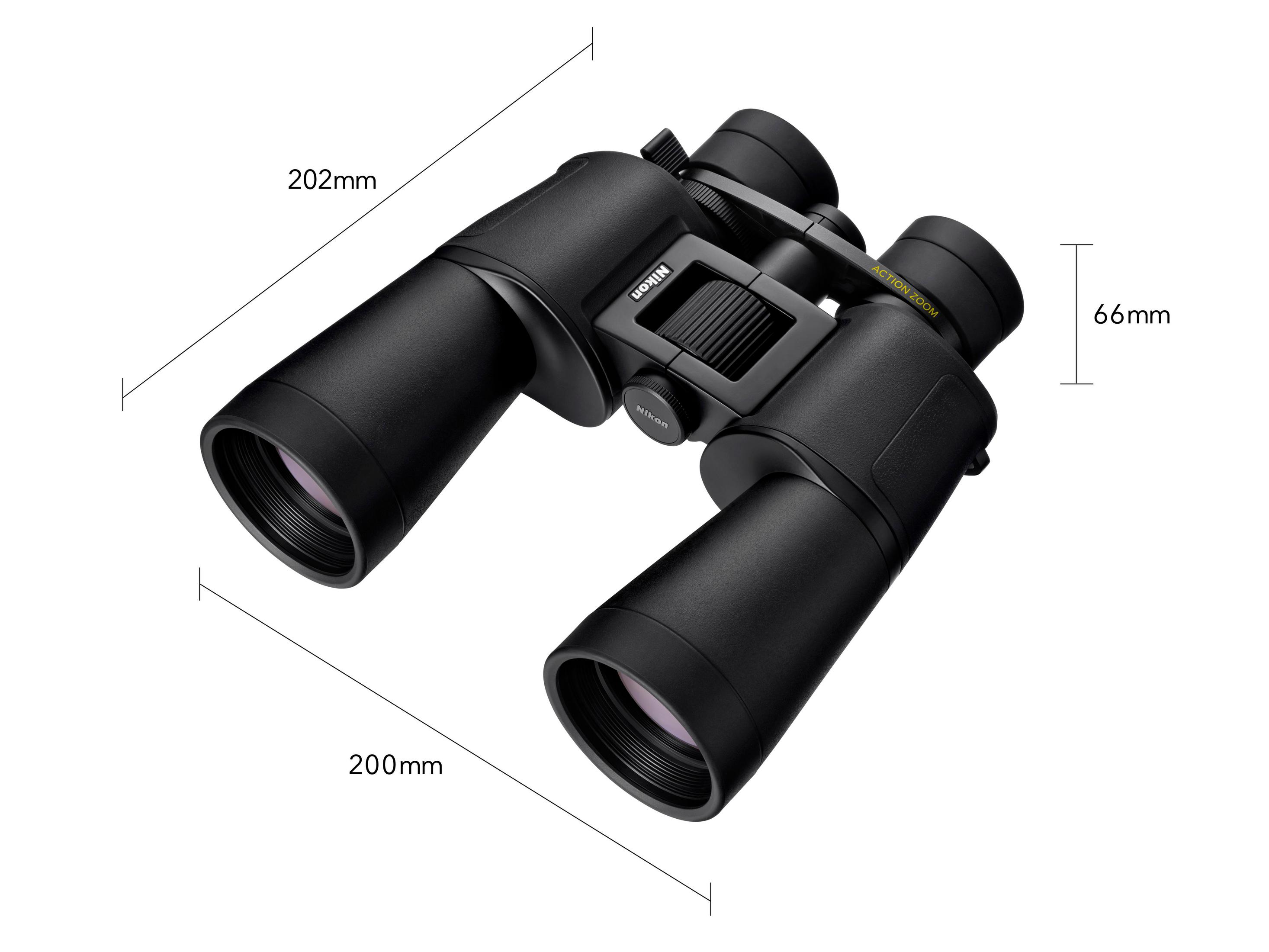 Schwarze Nikon Fernglas mit Maßangaben 202mm, 200mm, 66mm.