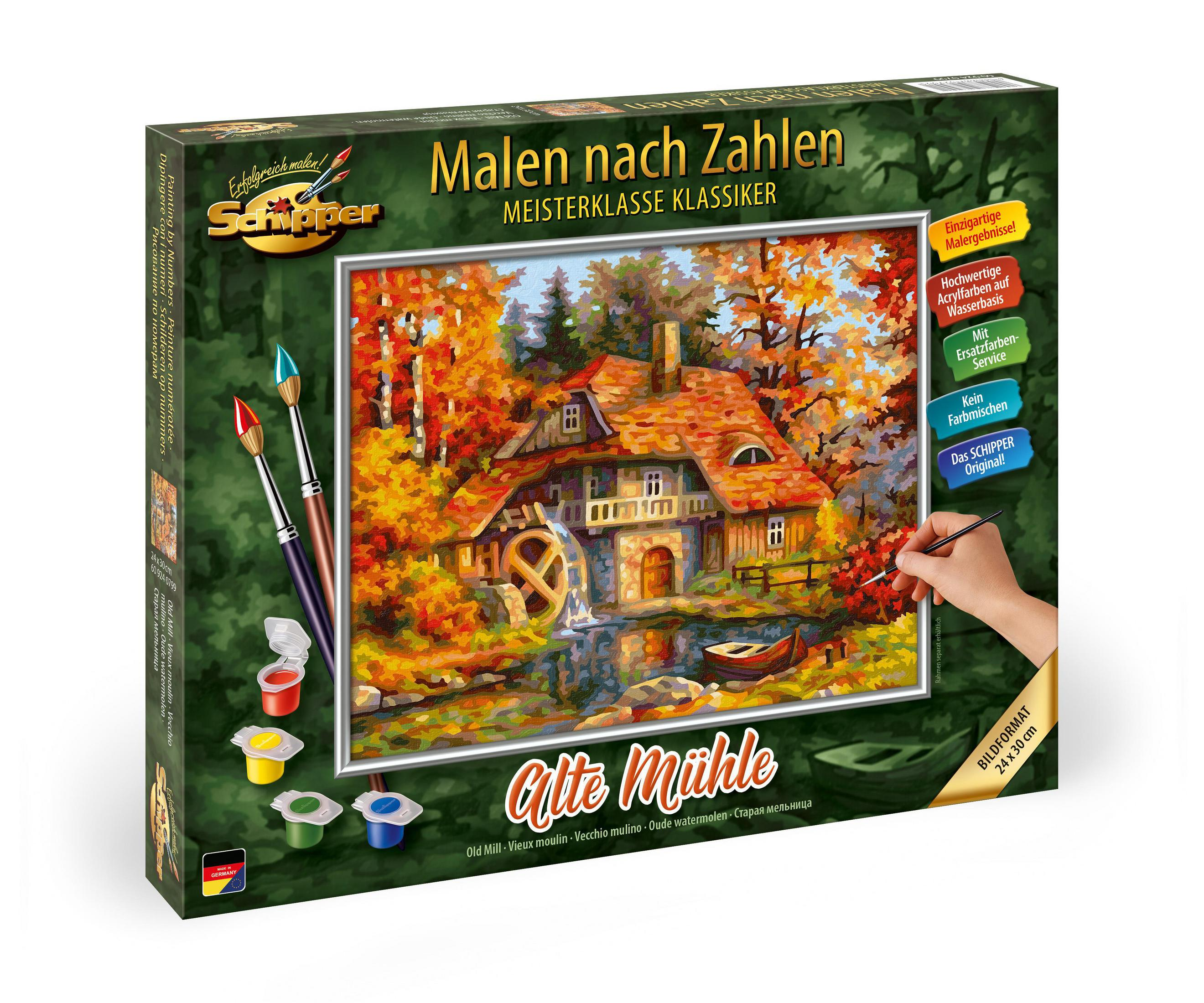 Schmippers Malen nach Zahlen Set mit einem Bild einer alten Mühle.