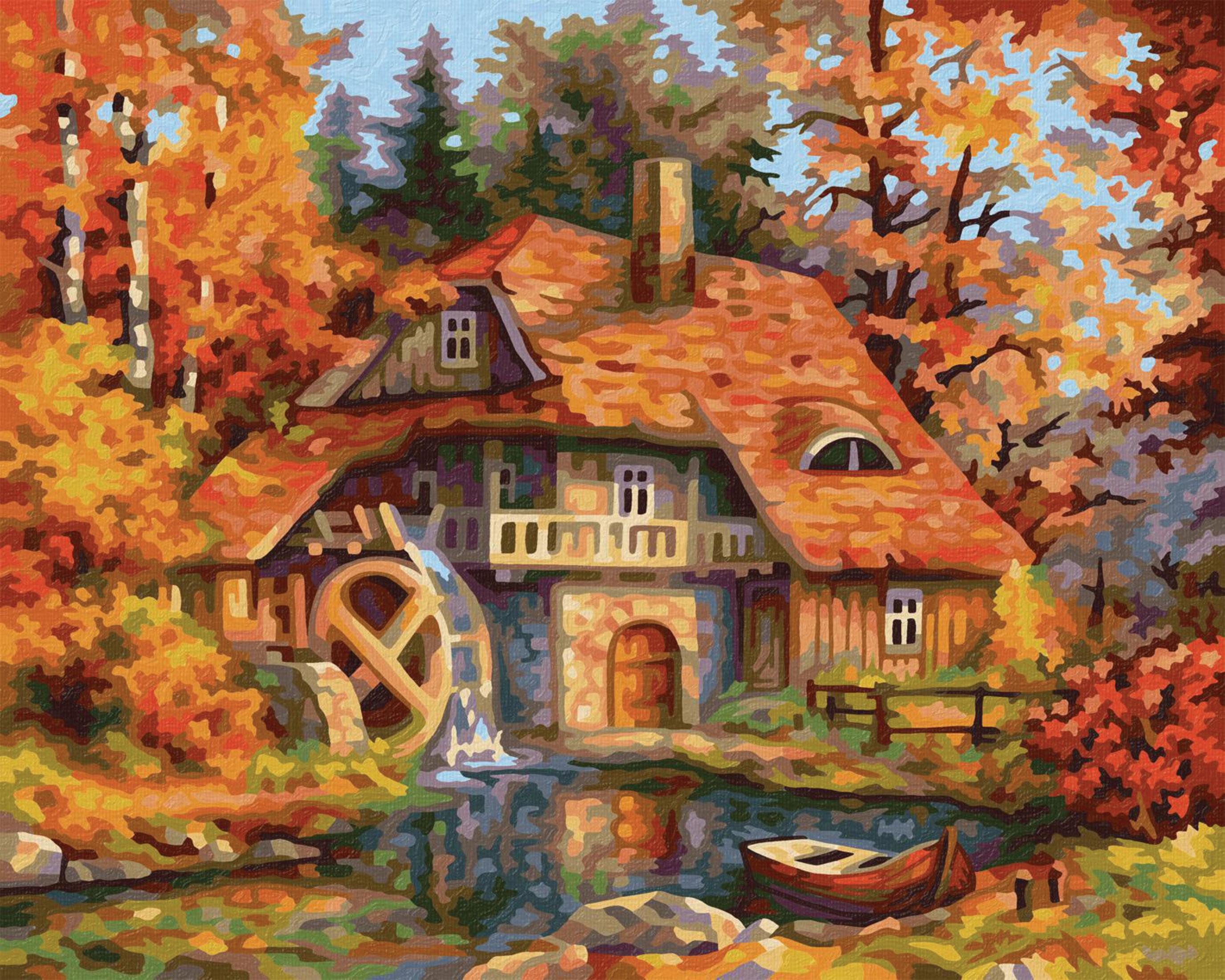 Herbstliche Mühle mit Wasserrad, Boot und bunten Bäumen.