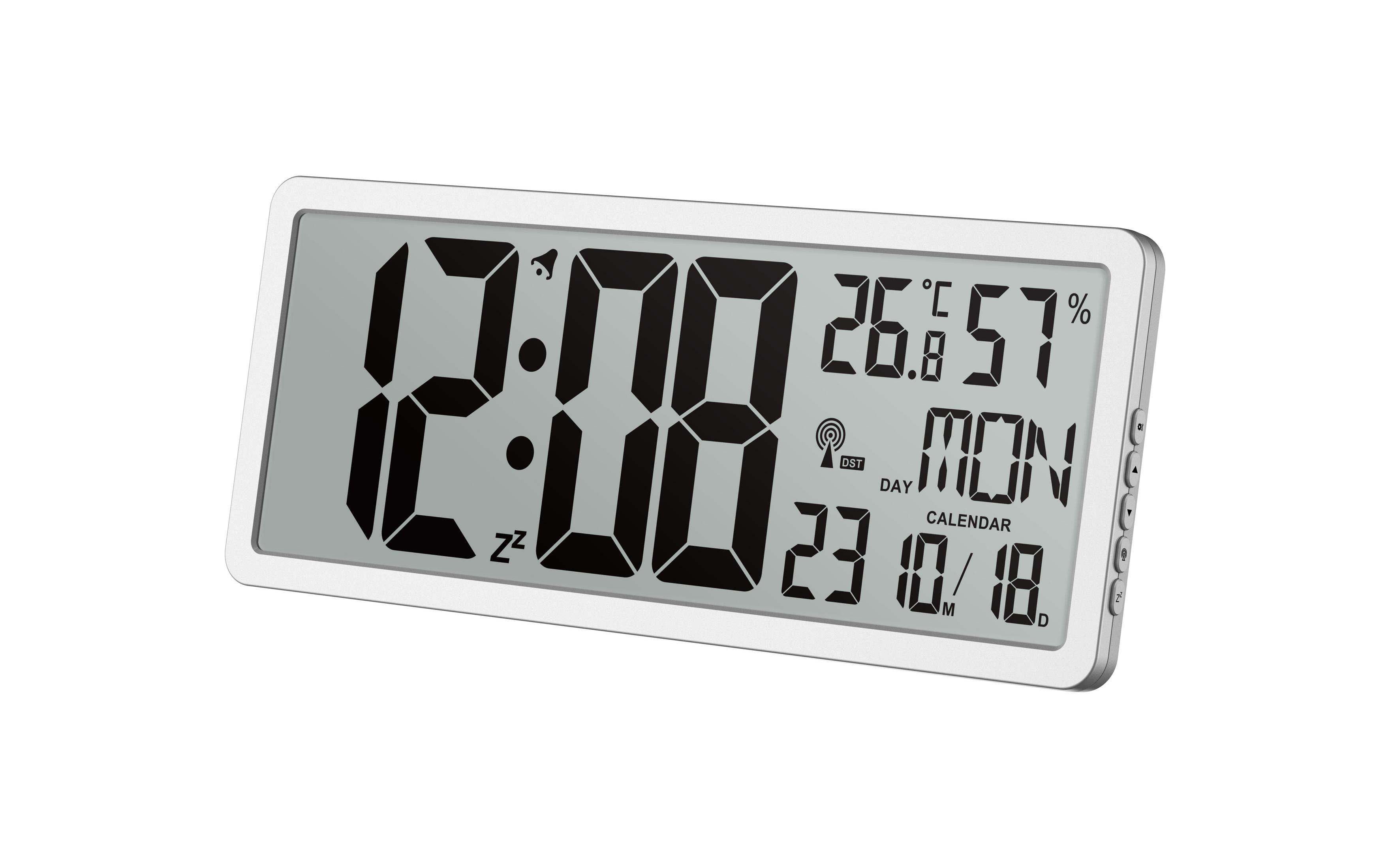 Digitaluhr zeigt 12:00, 26.8°C, 57% Luftfeuchtigkeit, Mo, 23. Okt.