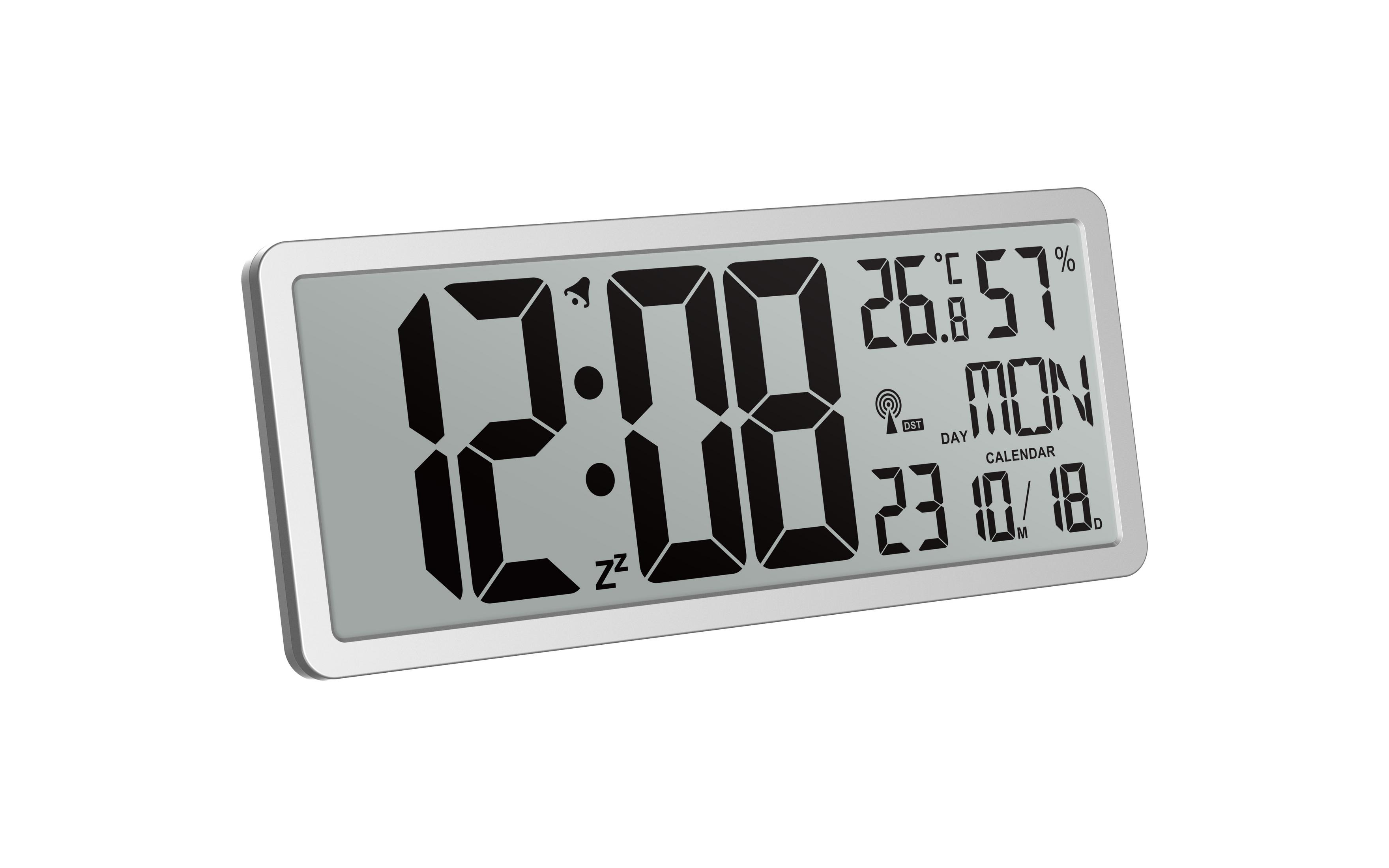 Digitaluhr zeigt 12:00, 26.8°C, 57% Luftfeuchtigkeit, Mo 23.10.18.