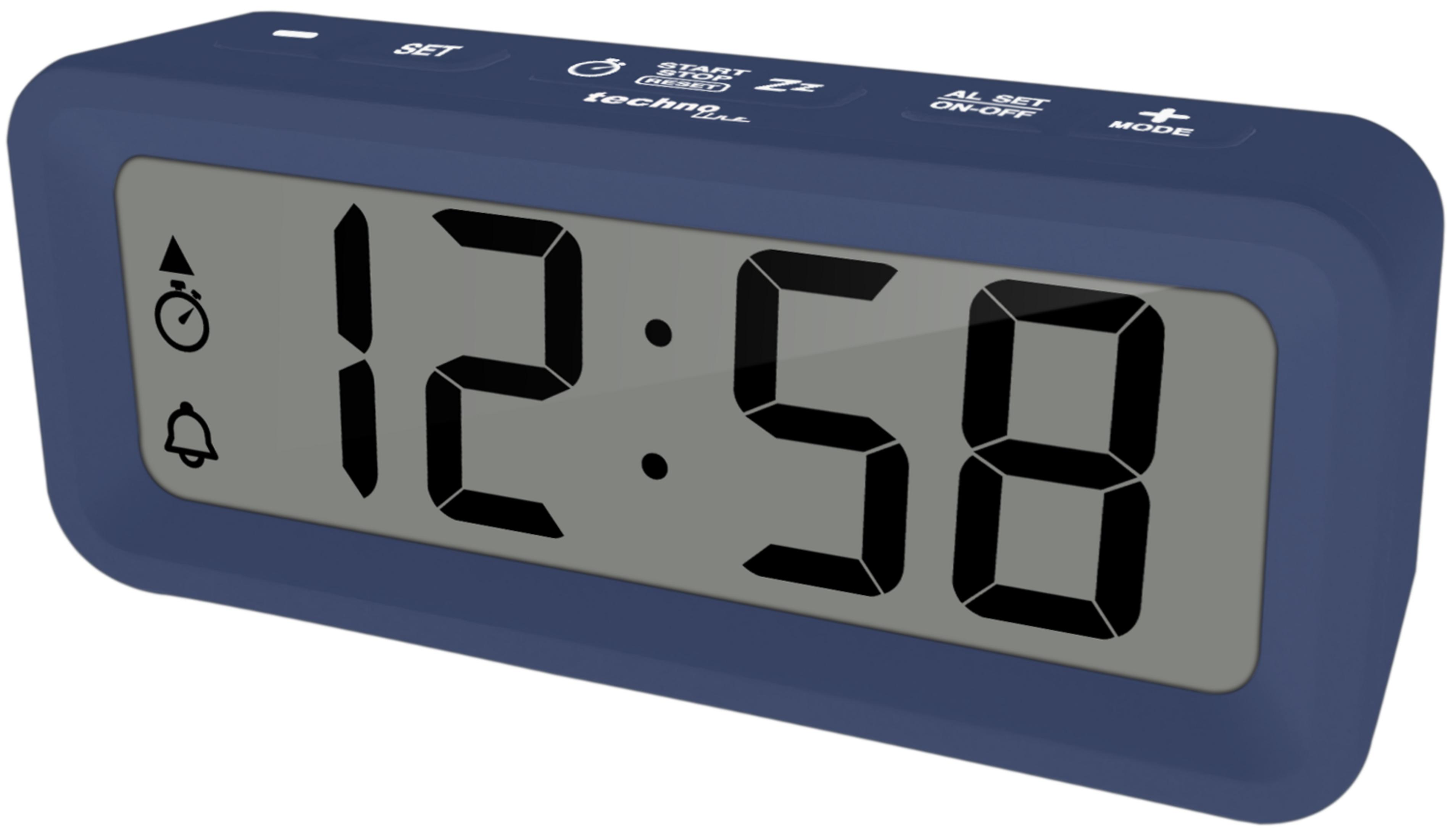 Eine blaue Digitaluhr zeigt 12:58 an. Sie hat Tasten für Set, Start/Stop/Reset, Al Set und Mode.
