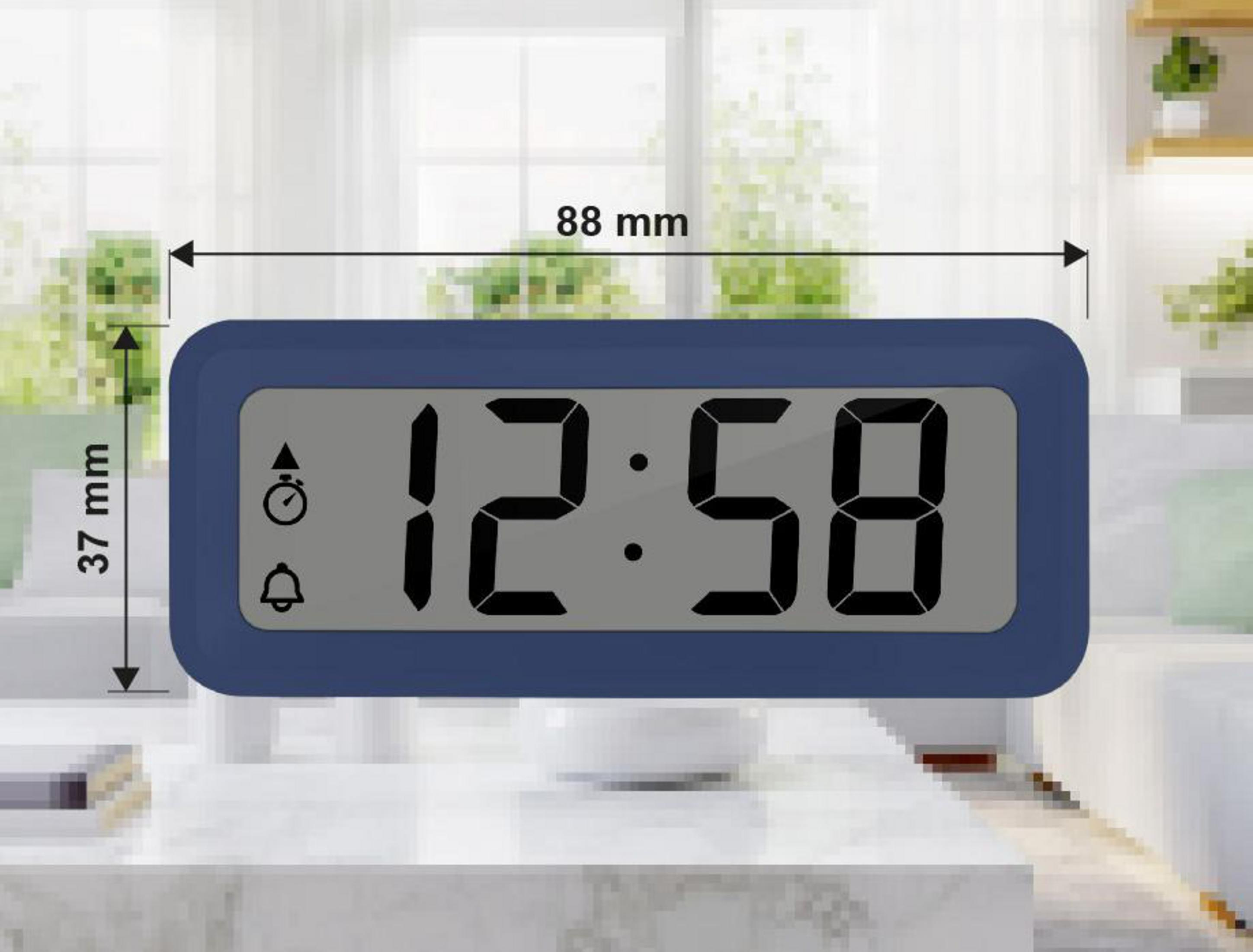 Blauer Digitalwecker zeigt 12:58 mit Alarm- und Weckersymbolen.
