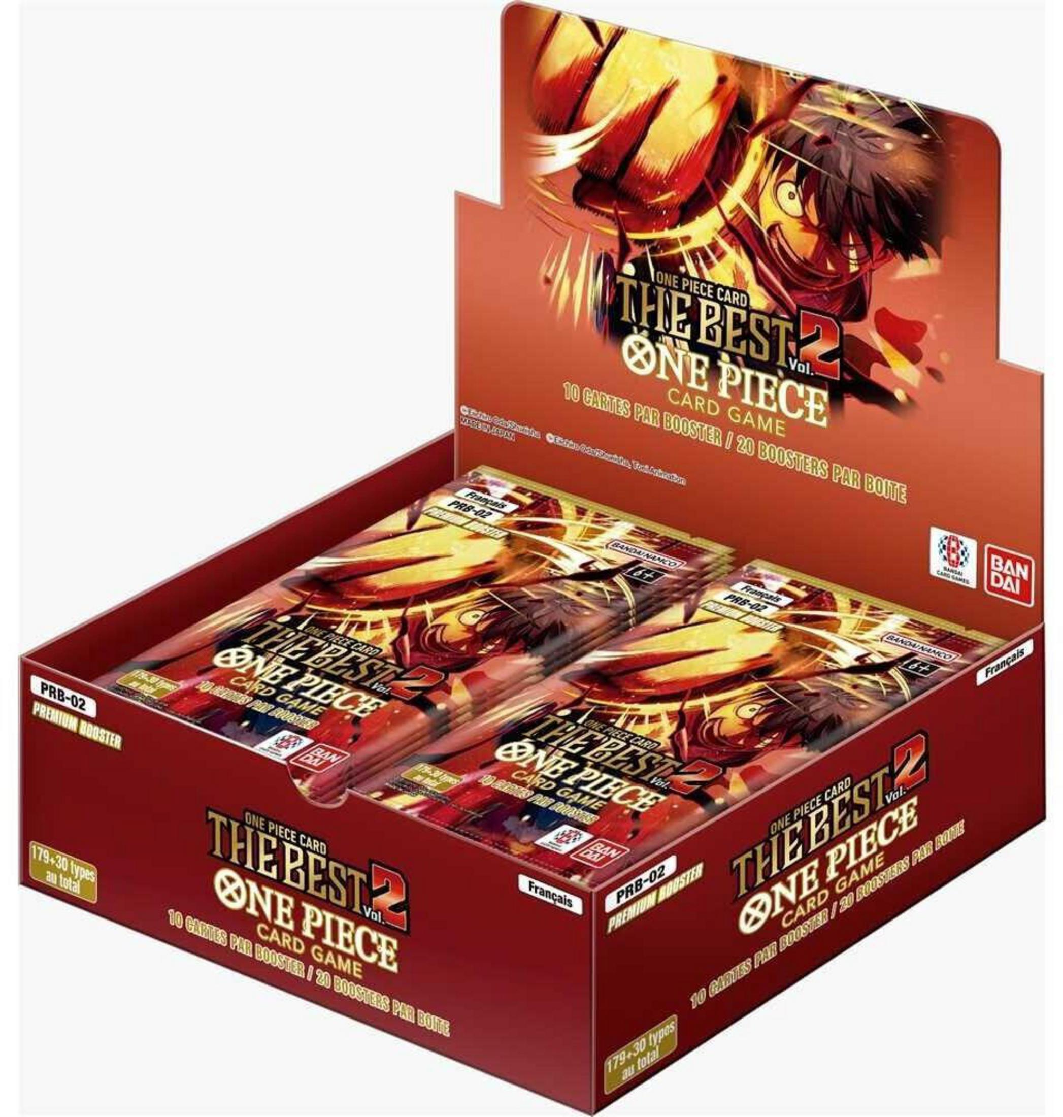 Eine rote Box mit One Piece Sammelkarten-Boostern, vorne und oben mit Anime-Illustrationen.