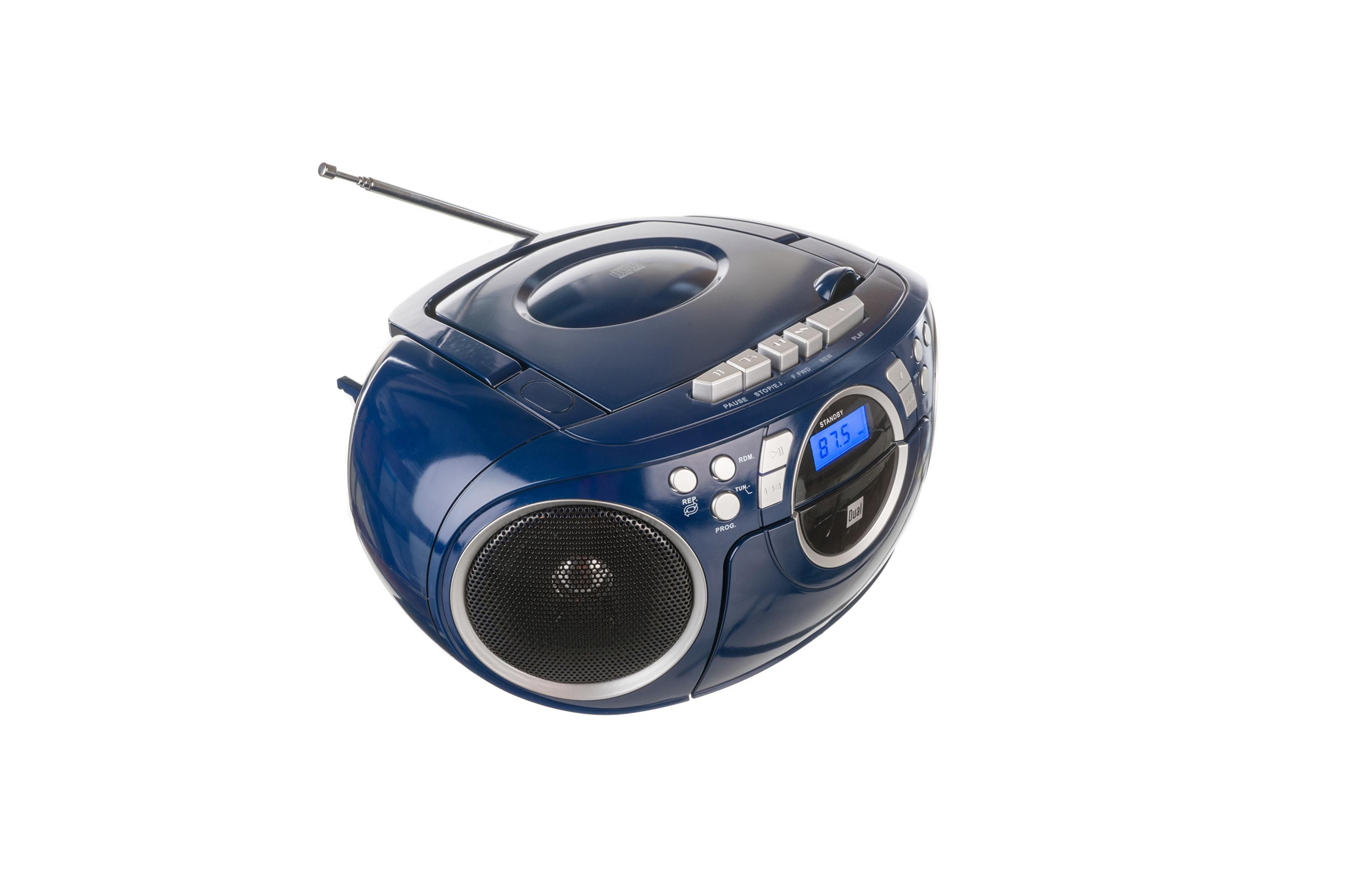 Ein blauer tragbarer CD-Player mit Radio und ausklappbarer Antenne.