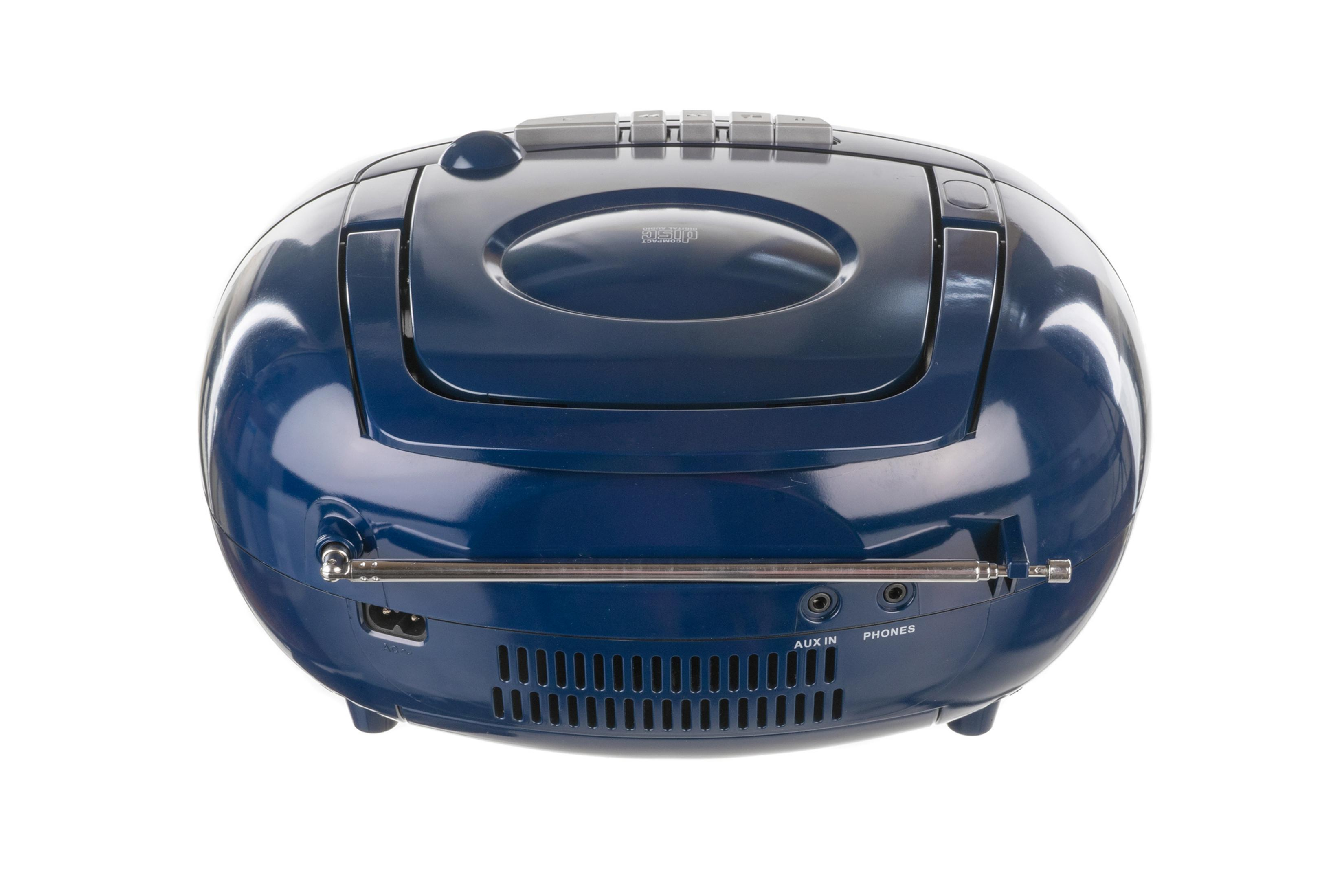Ein dunkelblauer CD-Player mit Radio und Antenne auf weißem Hintergrund.