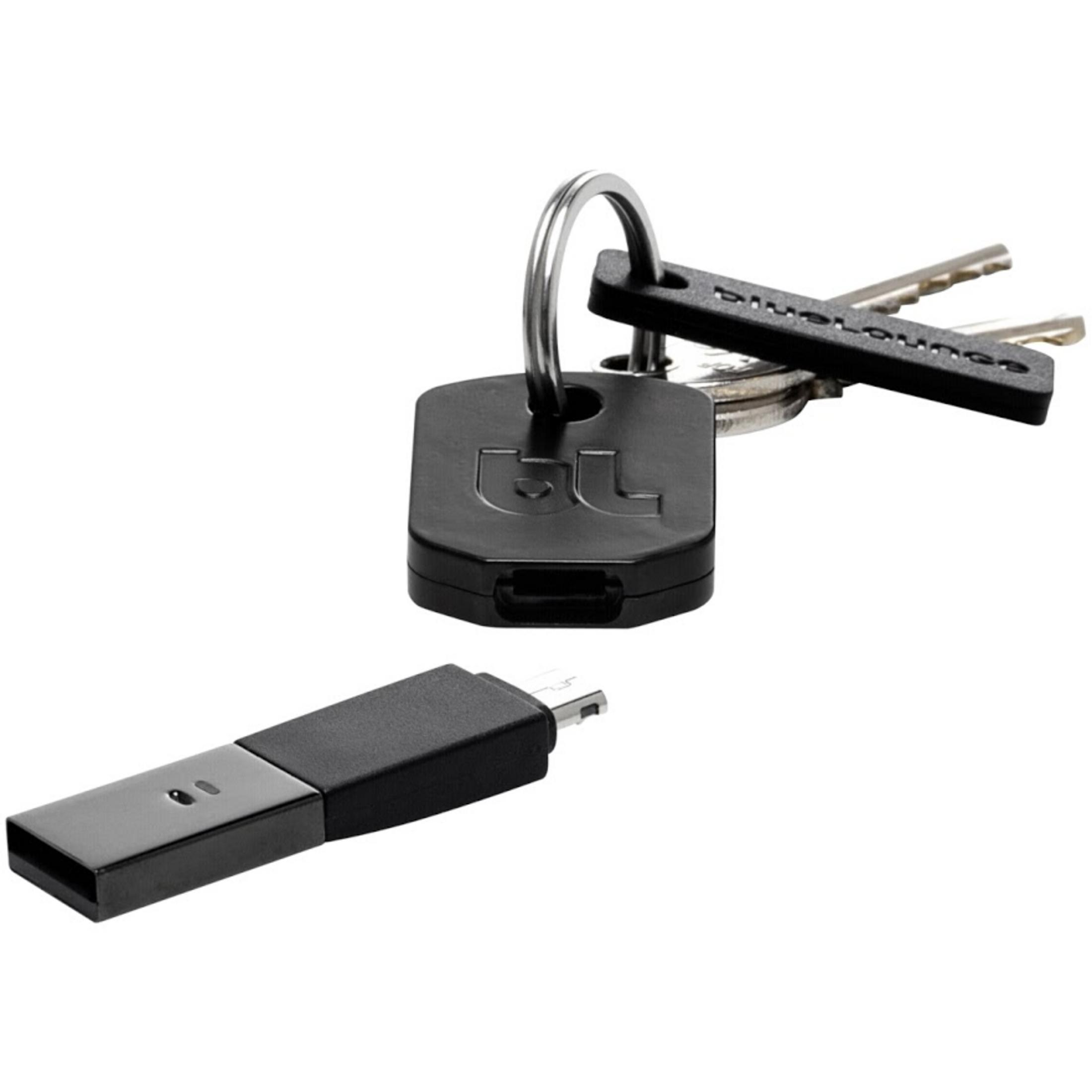 Ein schwarzer USB-Stick und Schlüssel auf weißem Hintergrund.